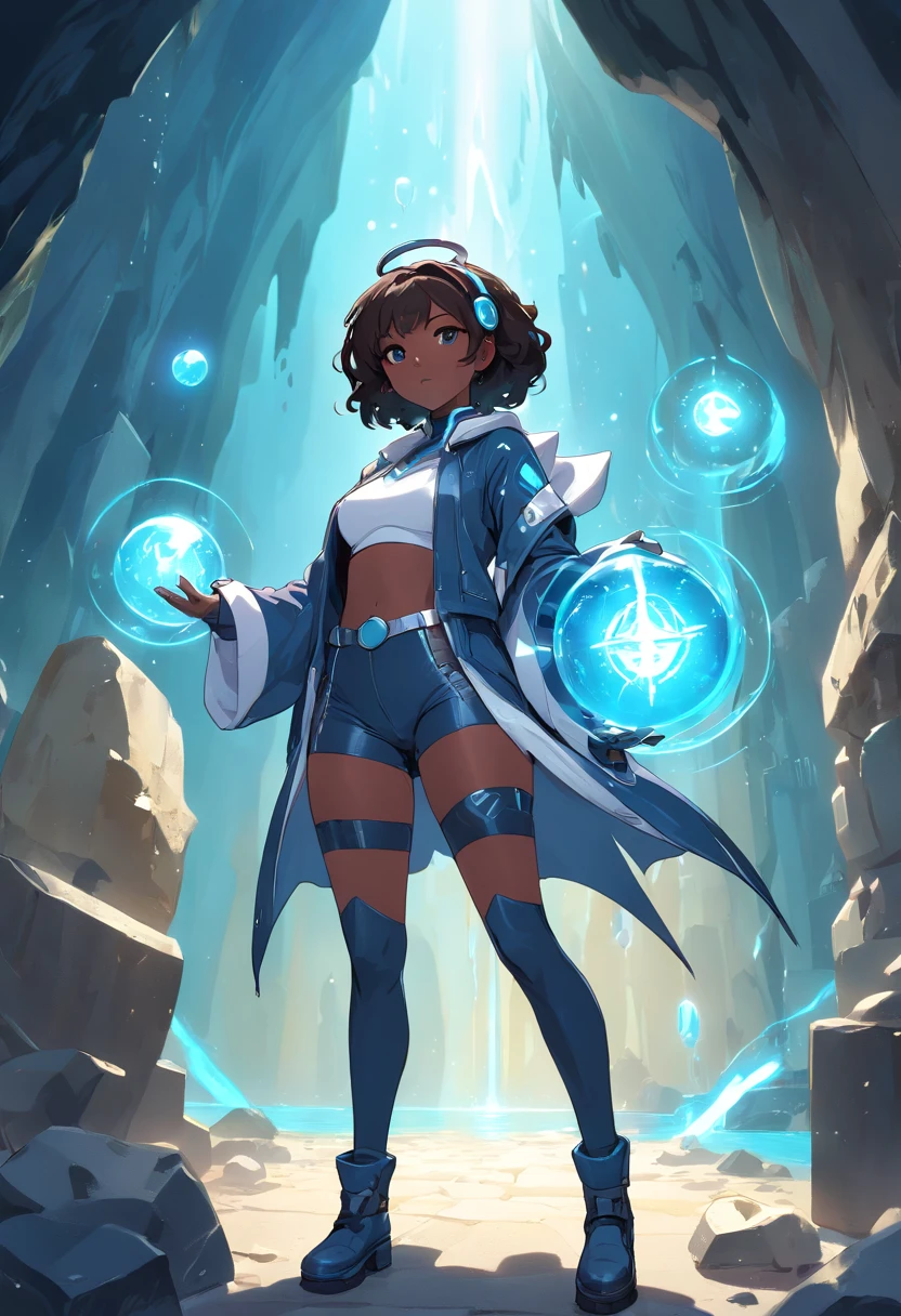 NSFW, blender render, high resolution, manga highres, hyper-stylistic, alluring aura and stare,splash art, manga stylized, 5k wallpaper, (masterpiece:1.2), (ultra-detailed:1.2), (perfect details), (extremely fine and beautiful:1.1), beautiful dark skin face, beautiful eyes, (detailed face, detailed eyes:1.2), detailed lip, shiny darkskin, oil skin, shiny hair, sense of depth, depth of field, (add layer:1.2), dynamic angle, scenery, dramatic lighting, volumetric lighting, golden hour, 1girl, solo, , sensual, strong, genius, attractive, curvaceous, powerful, (multiversal genius and swordswoman surrounded by floating hardlight orbs and avatars poised to attack:1.2),(Darkskin:1.2), (black hair:1.2), curly, bangs, long hair, (black eyes:1.2),Mahogony darkskin, breasts, thighhighs, gloves, statuesque oblong-shaped face,vivacious eyes, flowing wavy dragonbraid, tone, hourglass physique,thick, alluring, large breasts, large butt, heart hips, long, toned legs. (Lab coat, wearing a blue and white striped leotard+ black denim crop jacket+ black denim short shorts with stars on the back pockets+ white stocking with blue trim on top+ black boots+ purple beret),):1.2, (Impish, mischievous smile:1.2), , dangerous (lots of steam:1.5),( rainbow waterfall:1.5),(science ,fantasy),((magic, futuristic fantasy lab cavern:1.5)),((steel examination table, grotto, laboratory, watterfall:1.2)),(hardlight tubes, various experiments decoration),(black and blue interior, orbs:1.3),more_details:-1, more_details:0, more_details:0.5, more_details:1, more_details:1.5,futuristic-fantasy-anime,Connie, dark skinned woman, dark brown hair,