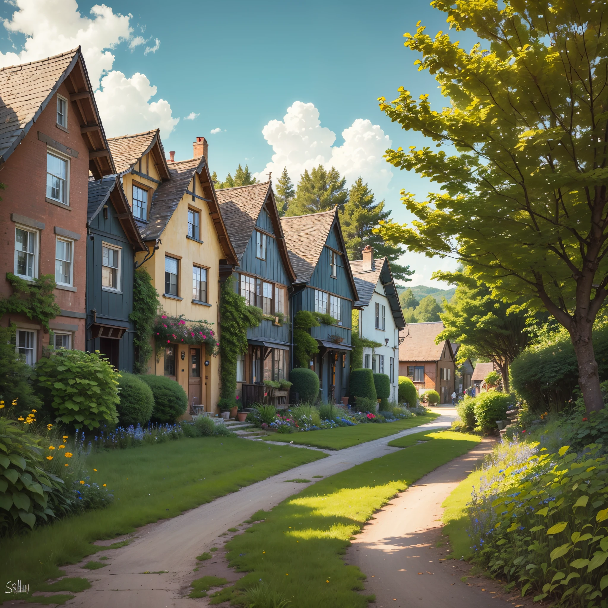 Picture a quaint village surrounded by vibrant trees with colorful cottages peeking through the foliage. --auto --s2
