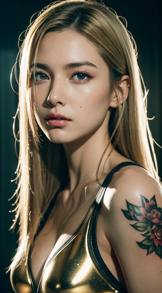 Close up portrait of woman with tattoos and tattoos on body、Realistic Human Woman。Full Body Art、Women's Full Body Art、artgerm and james jean、Divian Art Station CCSCOSIETY、a girl with blonde hair、Trending on Art Station pixiv、Gwaitz style artwork、high-level image quality、Realistic Woman、a person、The human、full bodyesbian、Standing、Model Posing