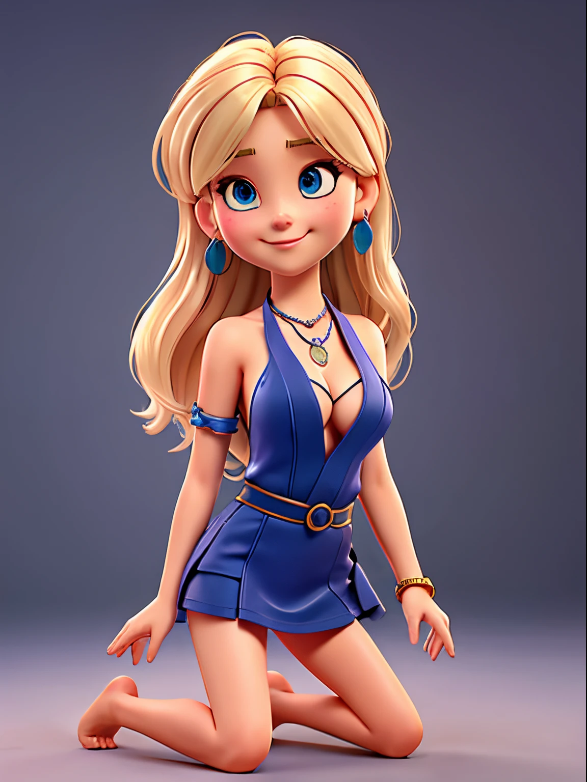 Blonde hair, blue eyes, 1girl, medium breasts, jewelry, long hair, necklace, solo, hair ornament, cleavage, sidelocks, bare shoulders, cloudy night, earrings, revealing clothes, halter top & short skirt, hair clip, looking at viewer, (action shot, kneeling/crawling: 1.25) (narrow hips & waist), simple background, bracelet, mischievous face, shy smile, (at a forest pool:1.2)