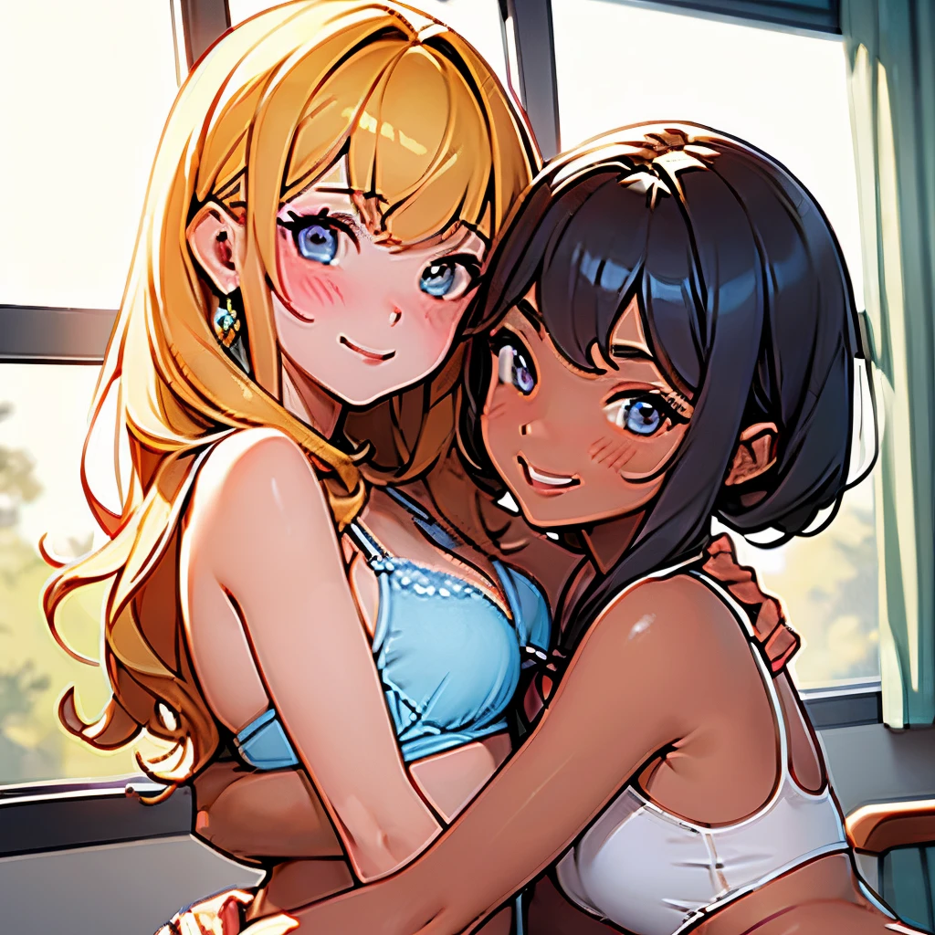 twogirls,one girl hugs another girl from behind,They are both very cute,Estrus look,a junior high school student,red blush,luslous skin,A slender,Beautiful shoulders,tre anatomically correct,perfectly proportions,Precise fingers,The buttons on his uniform were open.、Her cotton-striped bra was visible...,at class room,​masterpiece,hiquality,erotick,