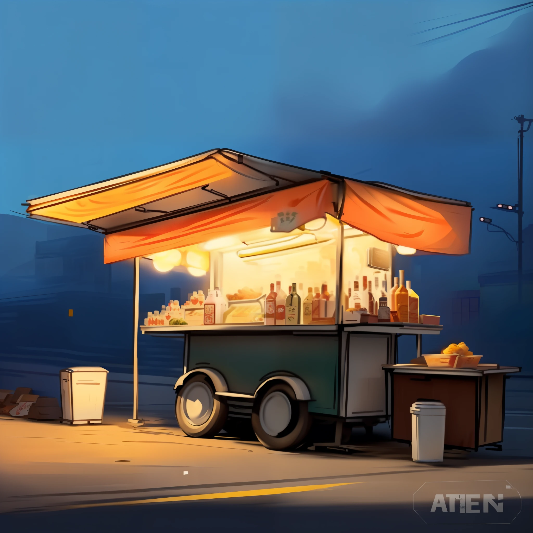 Cartoon illustration of a food truck,There are a lot of bottles on it, food stall, arte de fundo, concept art style, gta chinatown art style, Commercial illustration, urban concept art, GTA V Artwork Style, very coherent stylized artwork, G Liulian art style, Food stalls, Cart, concept-art!, author:Zhang Chengye, Vendors