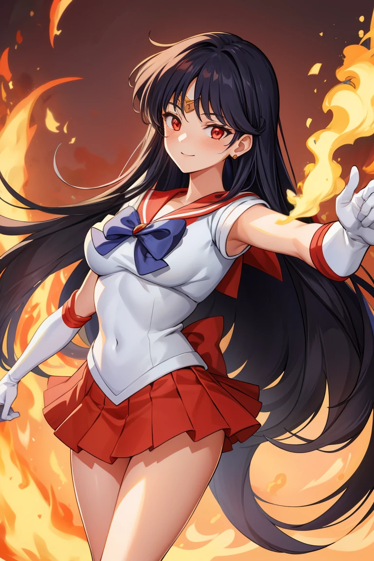 Show your armpits,masterpiece, highest quality, disorganized, perfect anatomy, 1 girl, alone, mars, very long hair, parted bangs, sailor warrior uniform, red sailor collar, red skirt, elbow bag, Are standing, cowboy shot, smile, Cartoon flame on background, stylized background