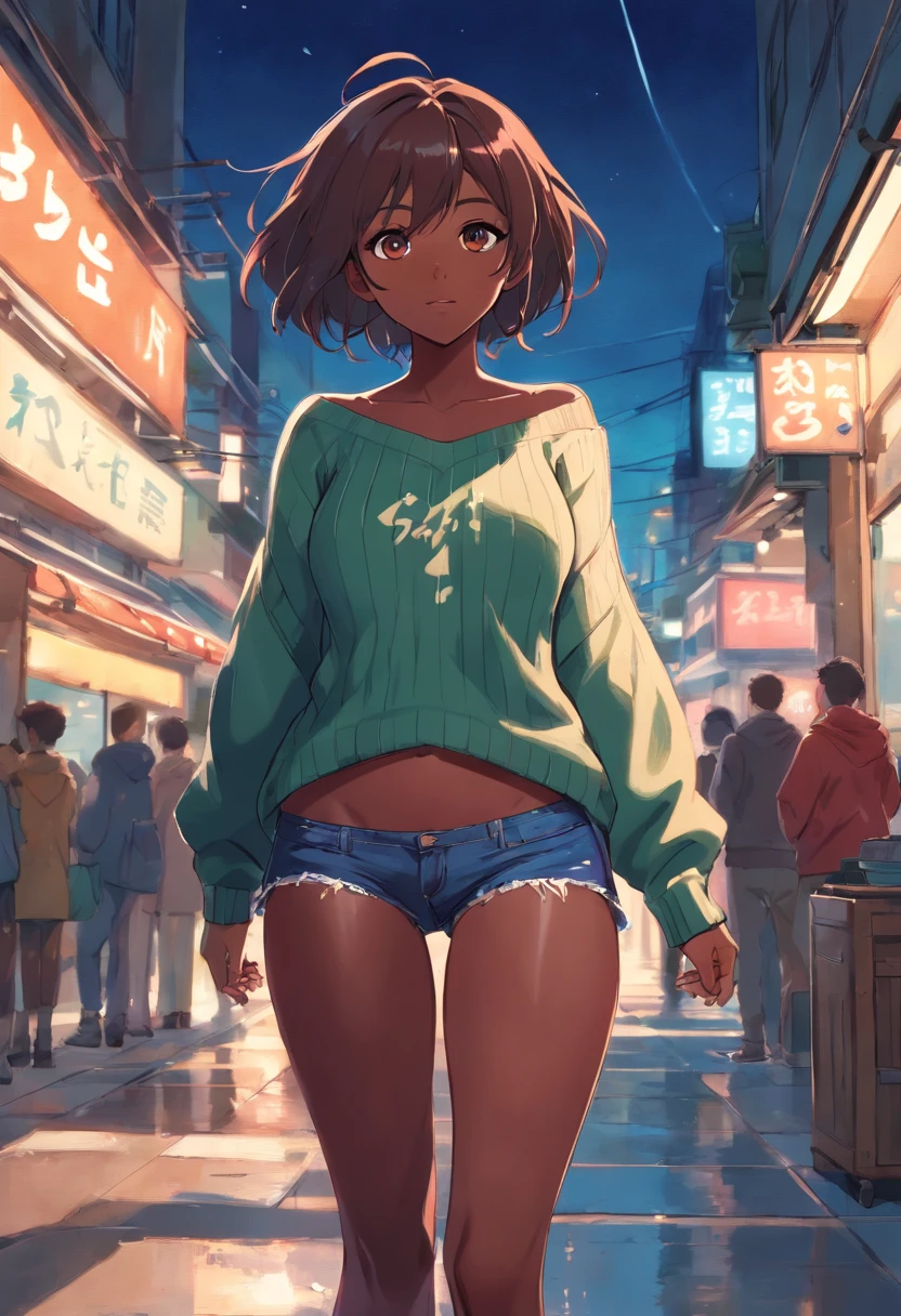 (Darkskin), big boobs,(masterpiece), best quality, extremely detailed, (watercolor), bloom, delicate and beautiful, illustration, (from below),(1girl:1.4), (solo:1.2), large breasts, (ribbed sweater:1.3), off-shoulder sweater, (short shorts:1.2), bare shoulders, (underboob), ((dark skin:0.8)), beautiful eyes, (disheveled hair ), photography, over-the-shoulder shot, by Alex Maleev, professional, canon camera, nikon camera, sharp, bokeh, studio quality, fisheye lens, by Robert Capa ,