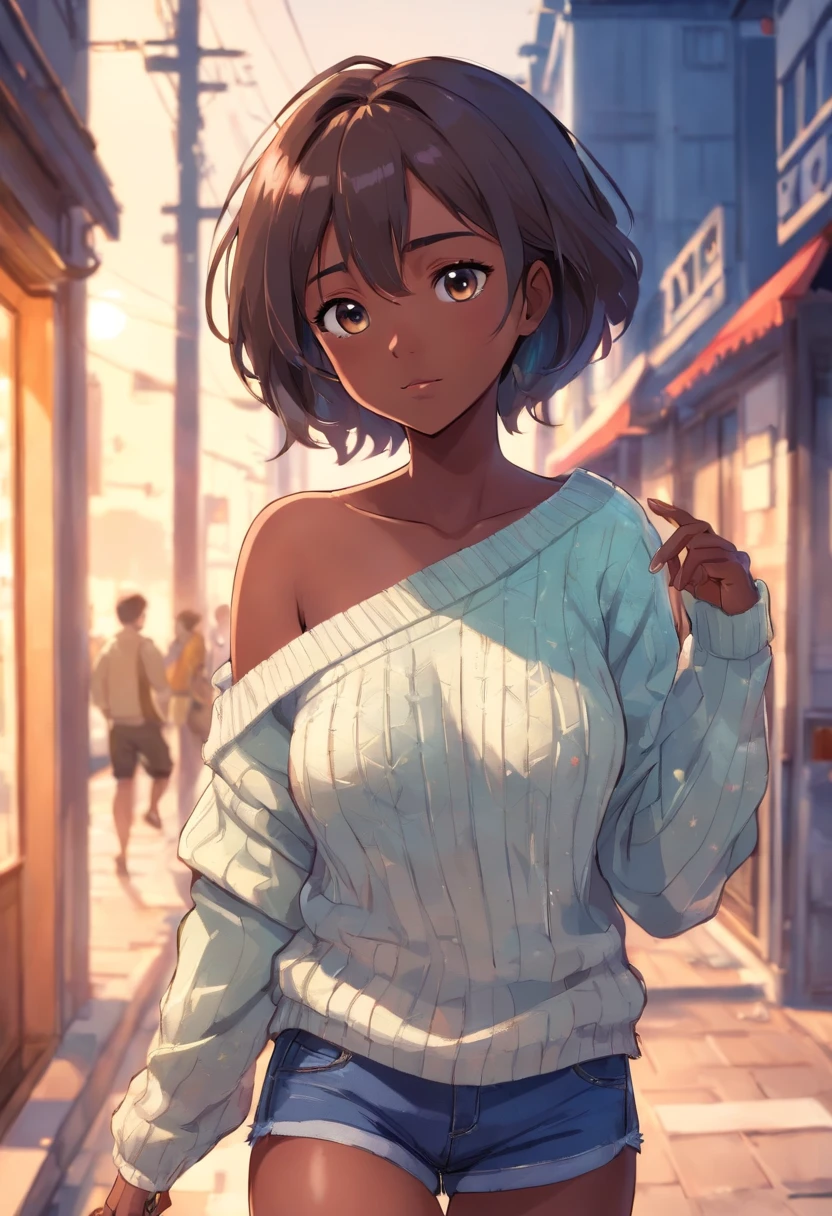 (Darkskin), big boobs,(masterpiece), best quality, extremely detailed, (watercolor), bloom, delicate and beautiful, illustration, (from below),(1girl:1.4), (solo:1.2), large breasts, (ribbed sweater:1.3), off-shoulder sweater, (short shorts:1.2), bare shoulders, (underboob), ((dark skin:0.8)), beautiful eyes, (disheveled hair ), photography, over-the-shoulder shot, by Alex Maleev, professional, canon camera, nikon camera, sharp, bokeh, studio quality, fisheye lens, by Robert Capa ,