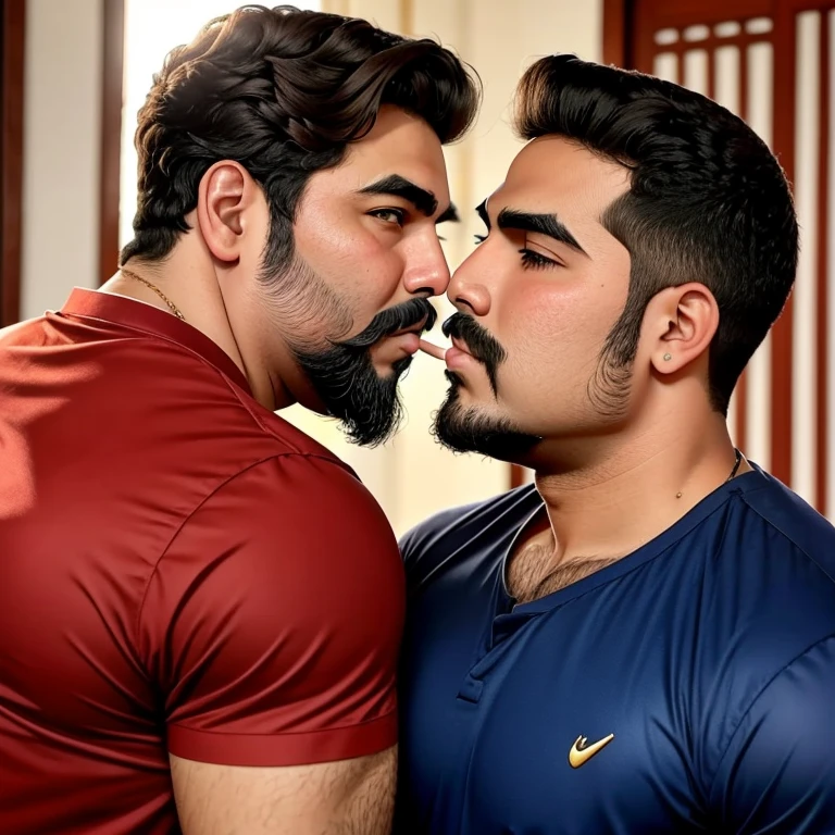 Pai maduro barbudo e grisalho e filho jovem adolescente apaixonados se beijando