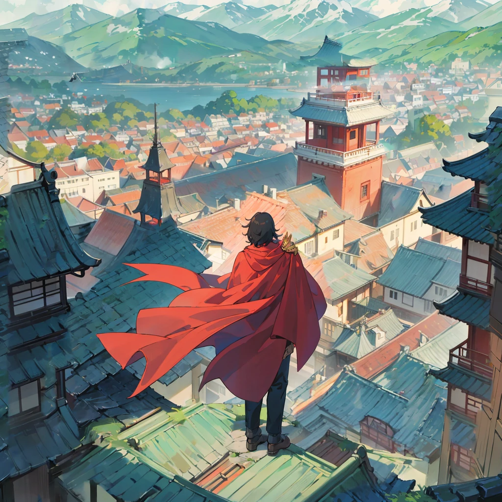 1 man, 1 man in a red cape and a crown, man standing on the edge of a building with his back turned, Japanese city background, distant framing of the man, distant shot of the man from the back, current world city, modern city