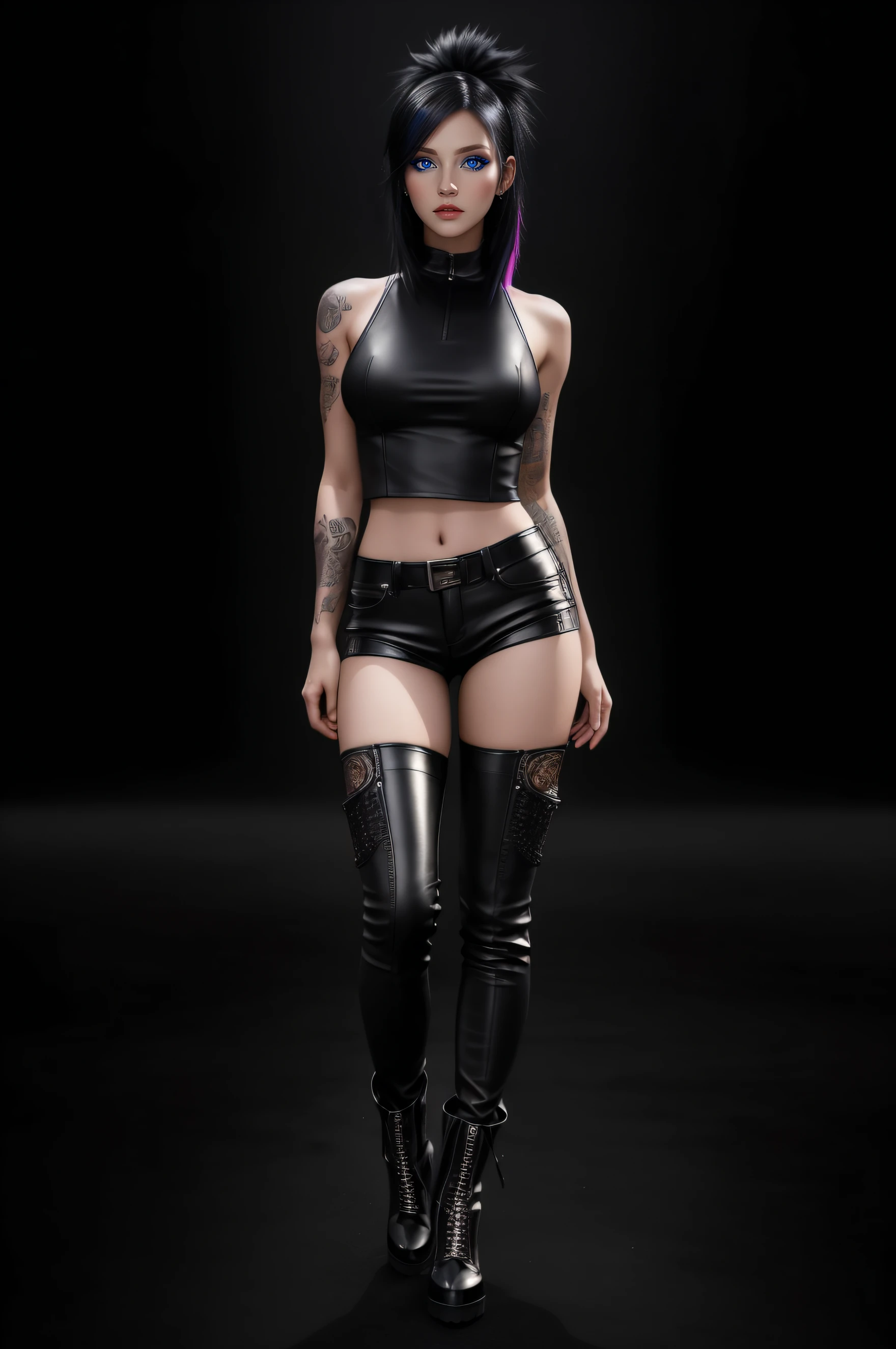 beautiful girl, ((standing:1.4)), (confident gaze:1.1), full body, short bright neon streaked black hair, ((realistic highly detailed eyes:1.4)), ((seductive pose:1.2)), black eyeshadow, (street style wear:1.2), ((tight fitted pants)), ((knee high leather boots)), (dark city night black background:1.4), dark makeup, digital art, trending on artstation, highly detailed, fine detail, intricate, detailed facial features, sharp focus, smooth, aesthetic,