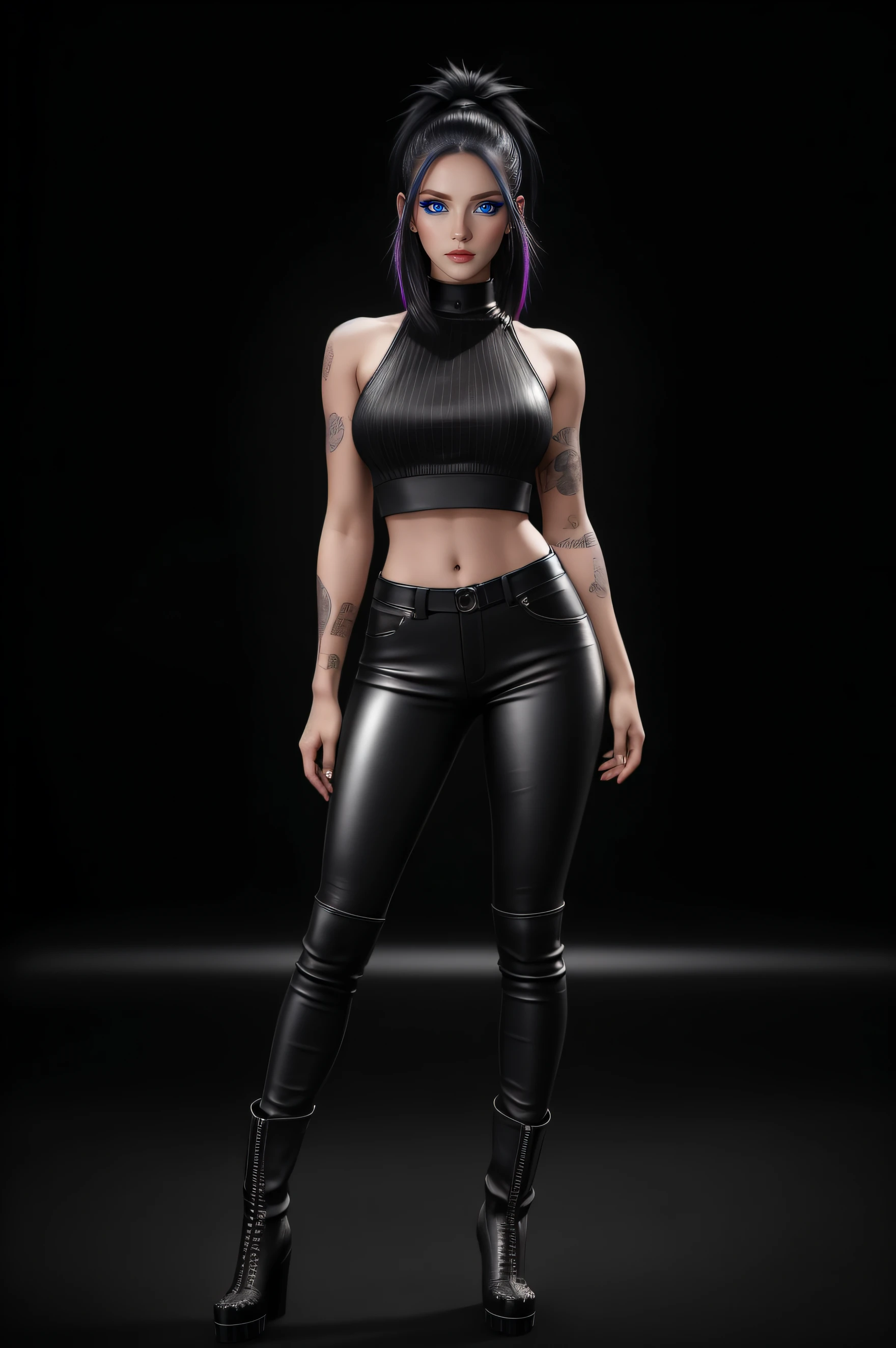 beautiful girl, ((standing:1.4)), (confident gaze:1.1), full body, short bright neon streaked black hair, ((realistic highly detailed eyes:1.4)), ((seductive pose:1.2)), black eyeshadow, (street style wear:1.2), ((tight fitted pants)), ((knee high leather boots)), (dark city night black background:1.4), dark makeup, digital art, trending on artstation, highly detailed, fine detail, intricate, detailed facial features, sharp focus, smooth, aesthetic,