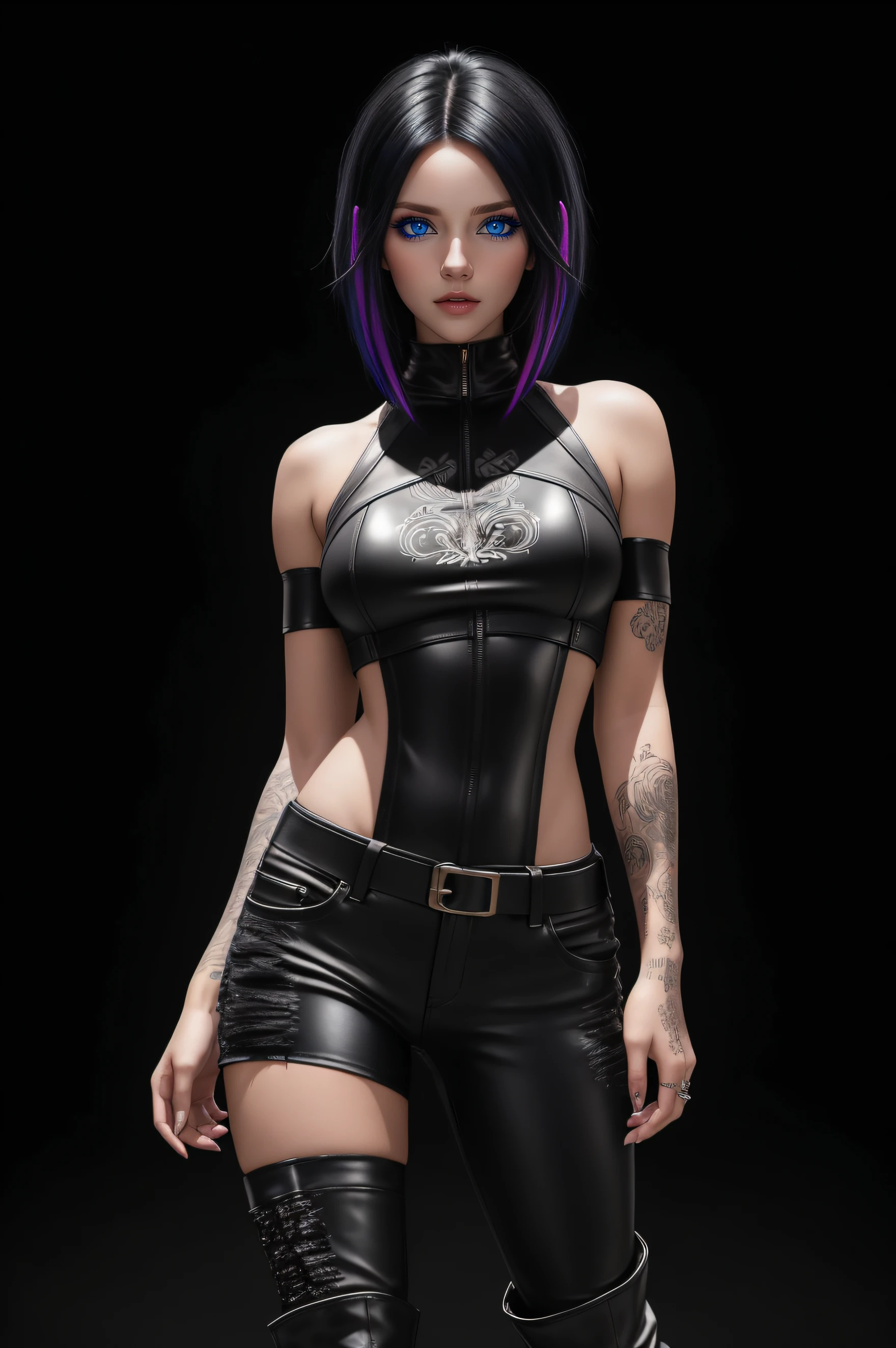 beautiful girl, ((standing:1.4)), (confident gaze:1.1), full body, short bright neon streaked black hair, ((realistic highly detailed eyes:1.4)), ((seductive pose:1.2)), black eyeshadow, (street style wear:1.2), ((tight fitted pants)), ((knee high leather boots)), (dark city night black background:1.4), dark makeup, digital art, trending on artstation, highly detailed, fine detail, intricate, detailed facial features, sharp focus, smooth, aesthetic,