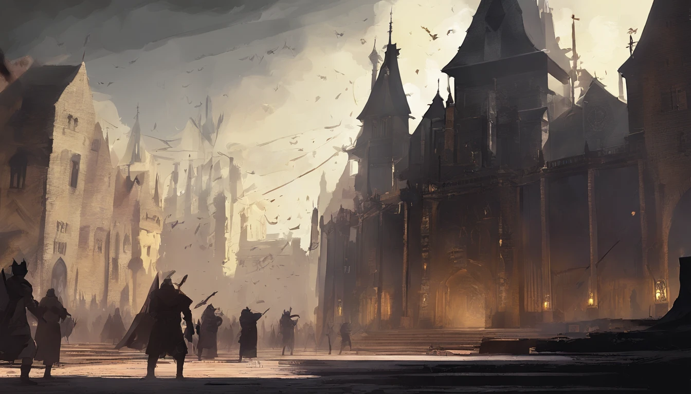 in a dark fantasy medieval city square with on a sunny day with cold yellow sunlight. The city square is an open space with a wooden platform at the center. There are execution on the wooden platform where criminals are beheaded. On the platform and around the platform there is blood and dead bodies. Surrounding the platform are many guards and citizens and townsfolk watching the execution. There is a strong smell of death in the air.