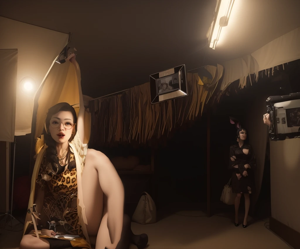 there is a woman in a leopard print dress holding scissors, no estilo de kar wai wong, inspirado em Bunny Yeager, inspirado em David LaChapelle, foto de retrato, inspirado em Horst Antes, inspirado em Tadanori Yokoo, foto tirada, inspirado em Grete Stern, inspirado em Evaline Ness, pose expressionista estranha, filmado no iPhone
