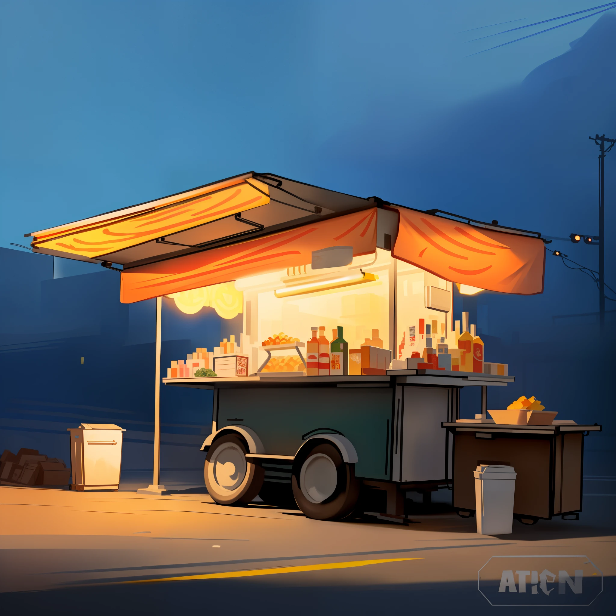 Cartoon illustration of food truck，There are a lot of bottles on it, food stall, arte de fundo, concept art style, gta chinatown art style, Commercial illustration, urban concept art, GTA V art style, very coherent stylized artwork, G Liulian art style, Food stalls, Cart, concept-art!, There is spatial depth。With light and dark light and shadow information