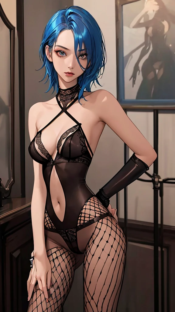 (best quality, masterpiece, perfect face) blue hair, 18 years old tanned girl, medium tits, in sexy lingerie, fishnets, lingerie, see-through, bodysuit, pantyhose, bare shoulders, halter neck, black hair highlights