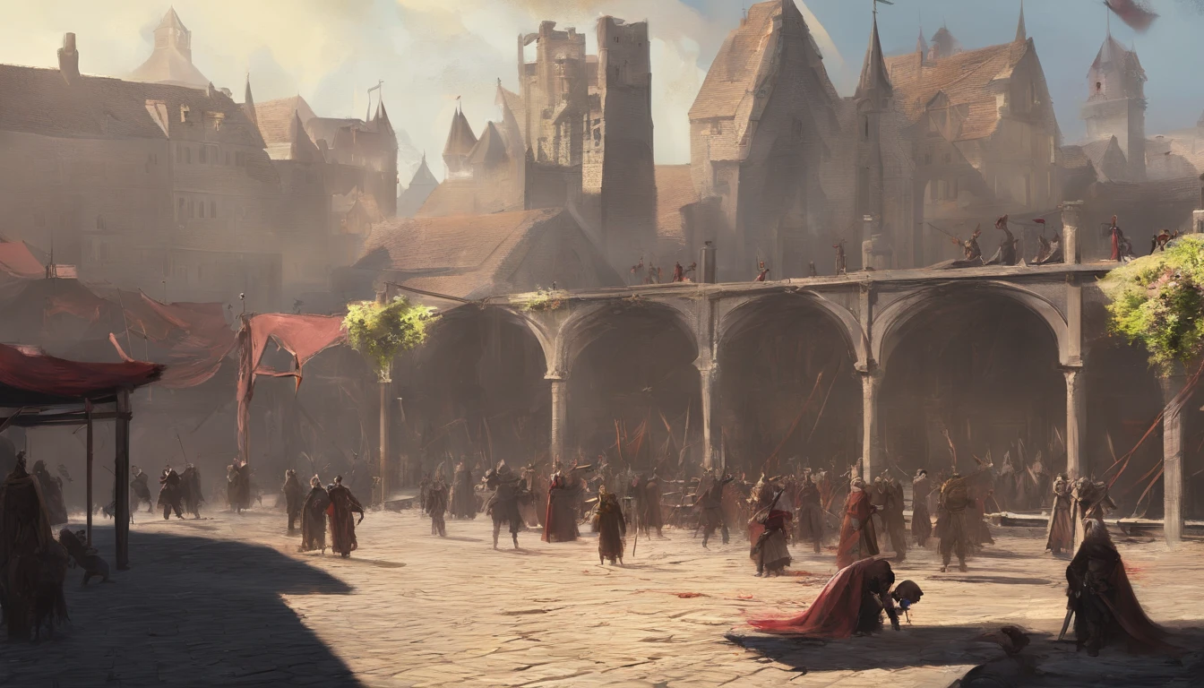 medieval city square with on a sunny day with cold yellow sunlight. There is an public execution and the air smells of blood and death. people are beheaded on a wooden platform at the center of the city square. There is wooden platform full of dead bodies and covered in blood. There are many townsfolk and citizens around the area watching the beheading.