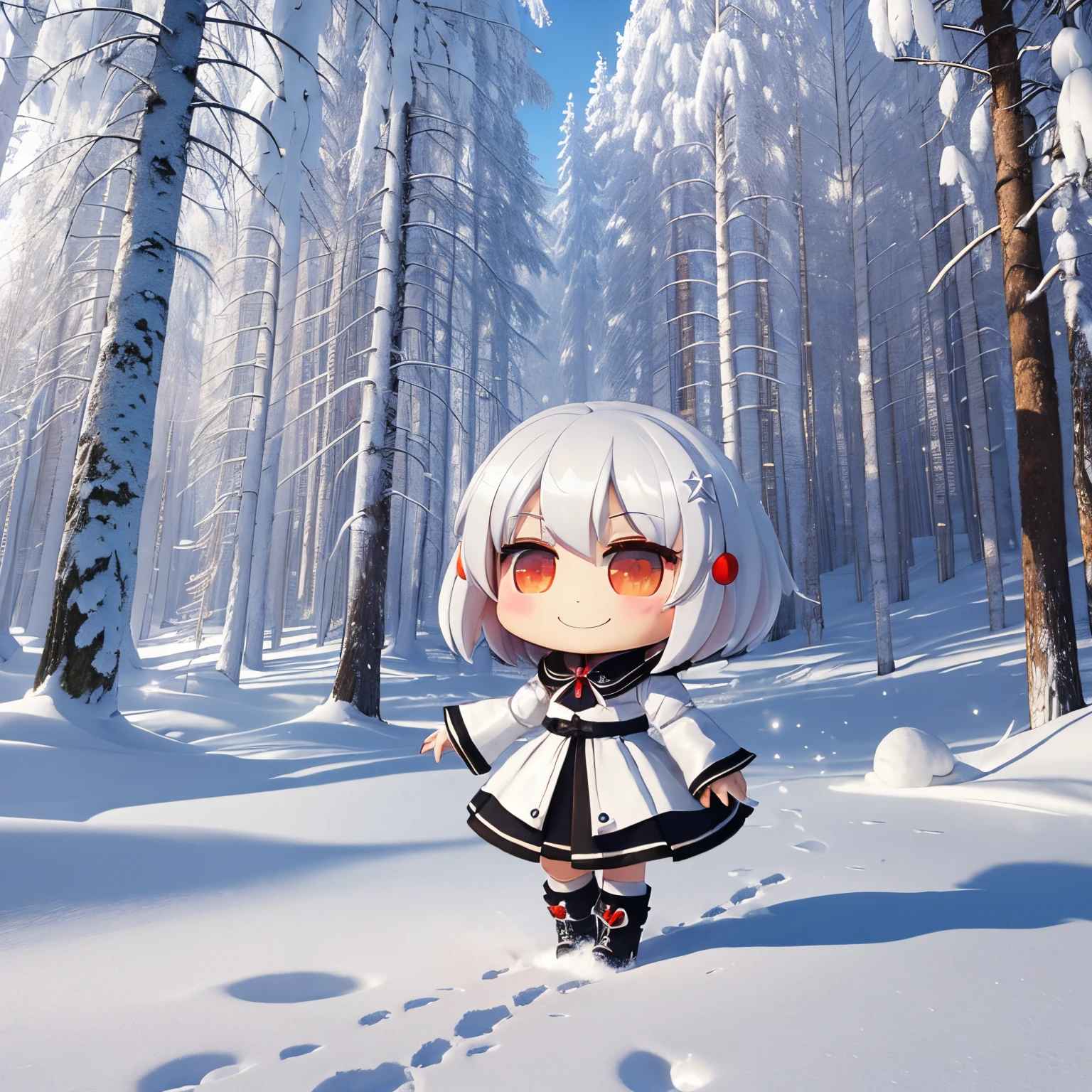 masterpiece、top-quality、ultra-detailliert、(Chibi Chara's Daughter:1.2)、White Bob、wraith。Having fried chicken、fried chicken flying around、magic unreal illusion、fairy tale winter forest、a smile、Standing