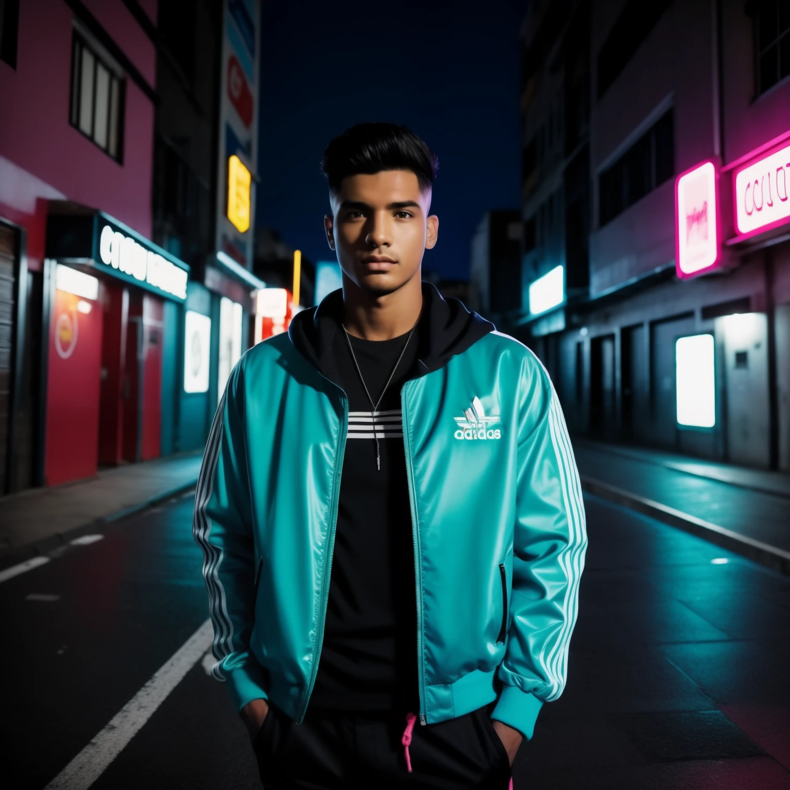 25-year-old solo man in blue jacket and black pants standing, corpo todo, em uma loja de neon, neon iluminado, neon jungle, teddy fresh, neon vibes, luzes neon e adiciona, Foto de um ensaio promocional, Retrato no meio da foto, neon lights in the background oriental letters, thick neon lights, foto promocional, com luzes neon, sythwave, Cidade oriental Neon ao fundo, aesthetic shot, rosto bem detalhado 4k HD, brincos, rua adidas, Adidas tennis shoes , corte de cabelo degrade, cavanhaque, brincos de argola, olhar forte, boca bem detalhada maos bem detalhadas