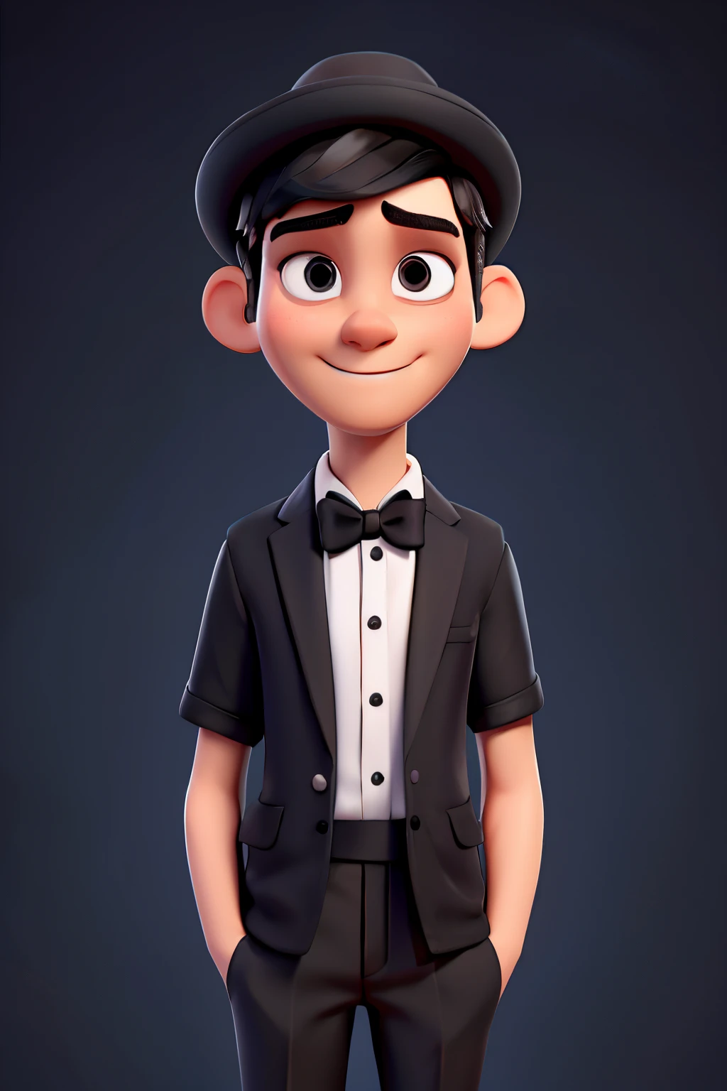 ''thin tall white man disney pixar style'', 4k, cute, about 20 years old, short black hair, short beard, dark eyes, with black blouse, with birthday hat, black pants, with black tie