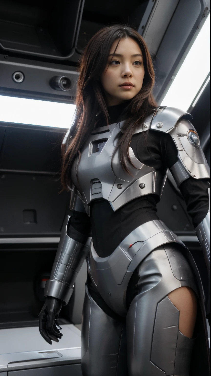escena espacial, dentro de nave espacia, 37 year old chinese woman, en traje de combate espacial, color del traje gris azulado con negro, cabello rojo, cuerpo entero. vista horizontal, vista lateral derecha, fondo nave espacial, cinturon de combate y pistola laser, cabello recogido, cabello rojo, que se vean los pies, cuerpo completo, ventana que se ve el espacio exterior