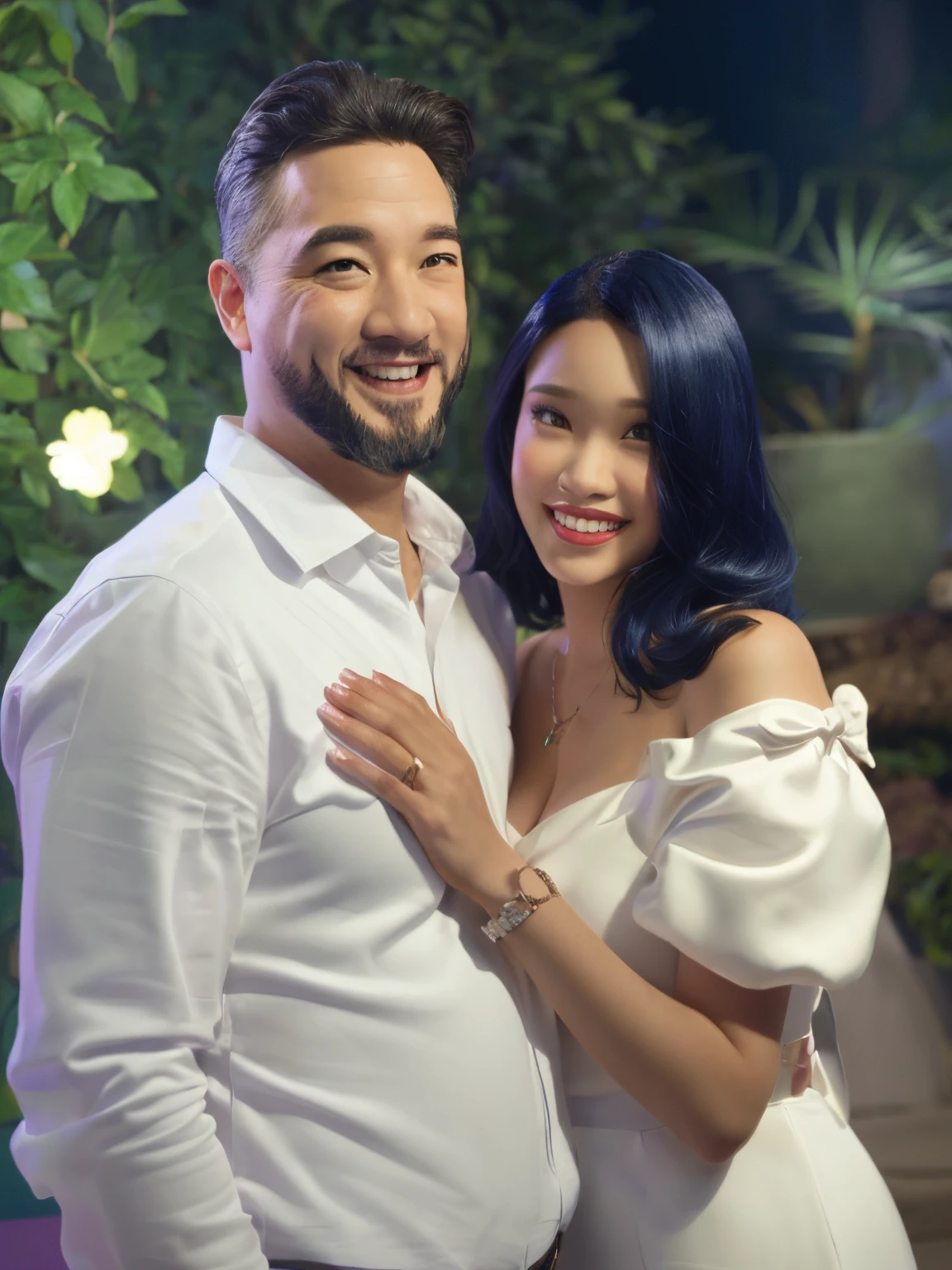 there is a man and woman standing next to each other near a fountain, blue sky, photography shot at blue hour, with blue light dark blue sky, bluey, blue night, sunny sky, blue blurred, blue skies, ❤🔥🍄🌪, bright sky, lovely couple, blue themed, blue backdrop, fanart, blurry, night!, blue tinted