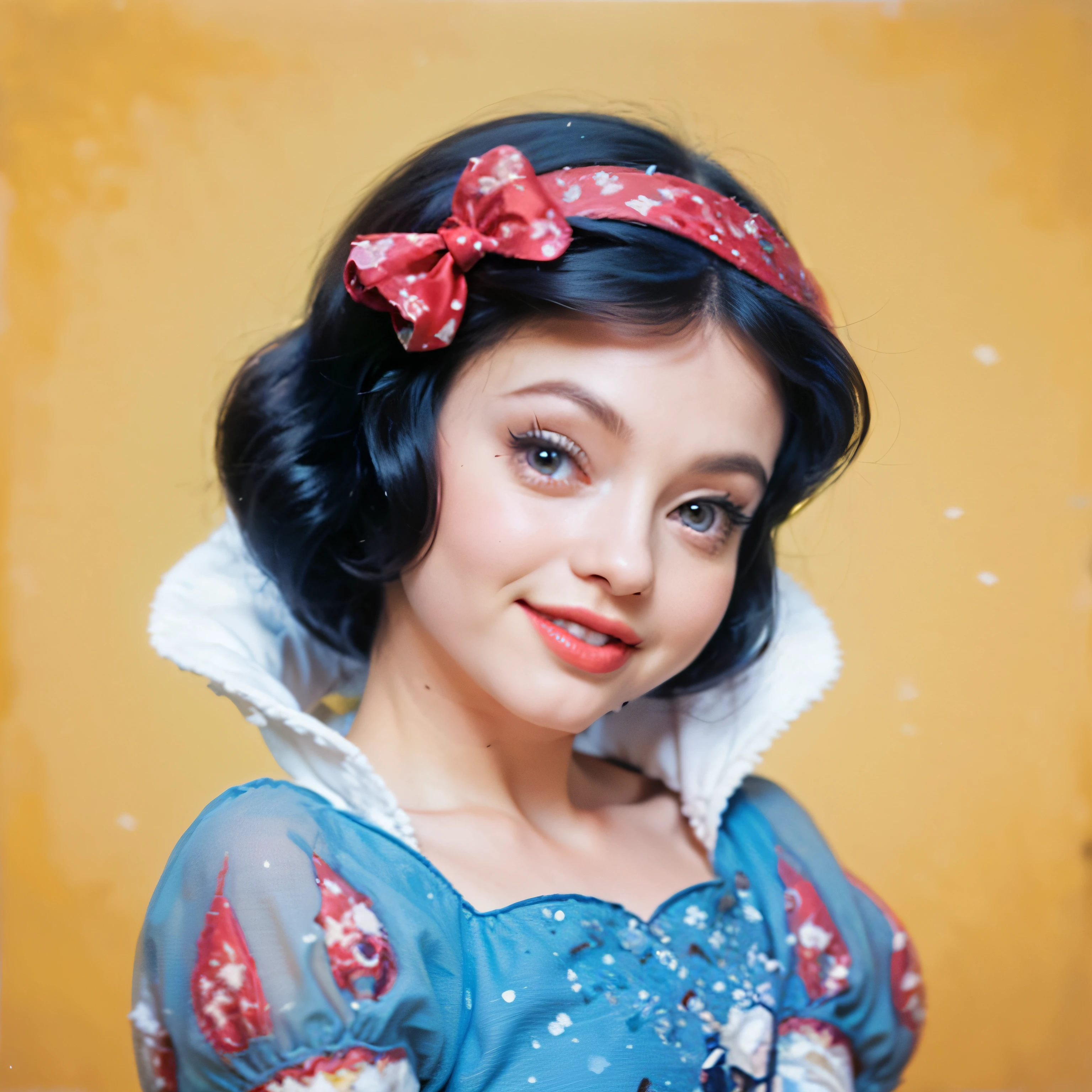 a close up of a snow white, portrait of snow white, blue dress with wihite collar, red ribbon in hair, snow white, 4k hd. snow white hair, pale snow white skin, disney princess, Hasselblad, 50mm, 400iso