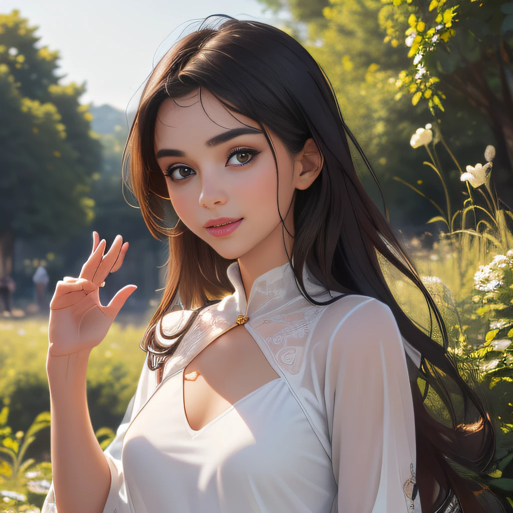 (Extremely detailed 8k wallpaper:2), (photo:2), (22 years old soigne Beautiful girl:2), (gives a lecture to friends:2), detailed (Face and eyes), (hyper realistic:1), (highly detailed:1), (epic realistic:1), rim light, (maximum details:1), cozy, (fullbody:1.3), (looking at viewer:2.0), (Woman's Attractive Qualities:2), (Attractive Woman:2), (Attractive:2), Smile, Intelligence, Empathy, Gracefulness, Sense of Style, Fitness, Grooming, Optimism, (Sensitivity:2), Sincerity, Romantic Gestures, Playfulness, Fashion Sense, (Sensuality:2), Charm, Modesty, Thoughtfulness, (Femininity:1), Flirtatiousness, Warmth, (Physical attractiveness:2), A beautiful smile, A love of life, strength and power, vulnerability, curiosity, wonder, love, (nature background:2), kawaii, waifu, Beautiful breasts, (attractive body:2), (Beautiful body:2), Beautiful pose, attractive pose, (Beautiful legs:1.0), (Beautiful clothes:1), (classic clothes:2), (elegant clothes:2), (European clothes:2), detailed clothes, (skirt:1), (blouse:1), (provocative pose)