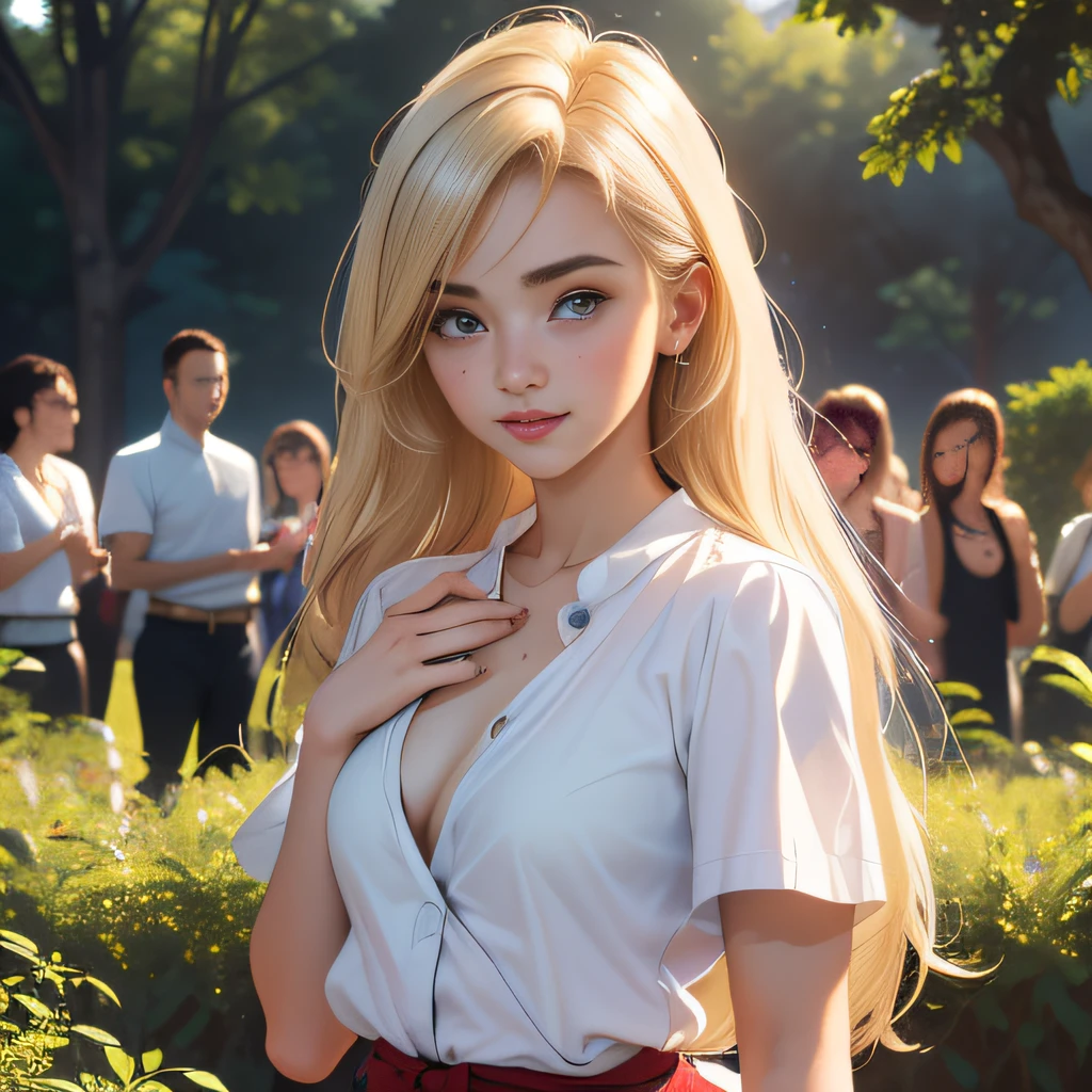 (Extremely detailed 8k wallpaper:2), (photo:2), (22 years old soigne Beautiful girl:2), (gives a lecture to friends:2), detailed (Face and eyes), (hyper realistic:1), (highly detailed:1), (epic realistic:1), rim light, (maximum details:1), cozy, (fullbody:1.3), (looking at viewer:2.0), (Woman's Attractive Qualities:2), (Attractive Woman:2), (Attractive:2), Smile, Intelligence, Empathy, Gracefulness, Sense of Style, Fitness, Grooming, Optimism, (Sensitivity:2), Sincerity, Romantic Gestures, Playfulness, Fashion Sense, (Sensuality:2), Charm, Modesty, Thoughtfulness, (Femininity:1), Flirtatiousness, Warmth, (Physical attractiveness:2), A beautiful smile, A love of life, strength and power, vulnerability, curiosity, wonder, love, (nature background:2), kawaii, waifu, Beautiful breasts, (attractive body:2), (Beautiful body:2), Beautiful pose, attractive pose, (Beautiful legs:1.0), (Beautiful clothes:1), (classic clothes:2), (elegant clothes:2), (European clothes:2), detailed clothes, (skirt:1), (blouse:1), (provocative pose)