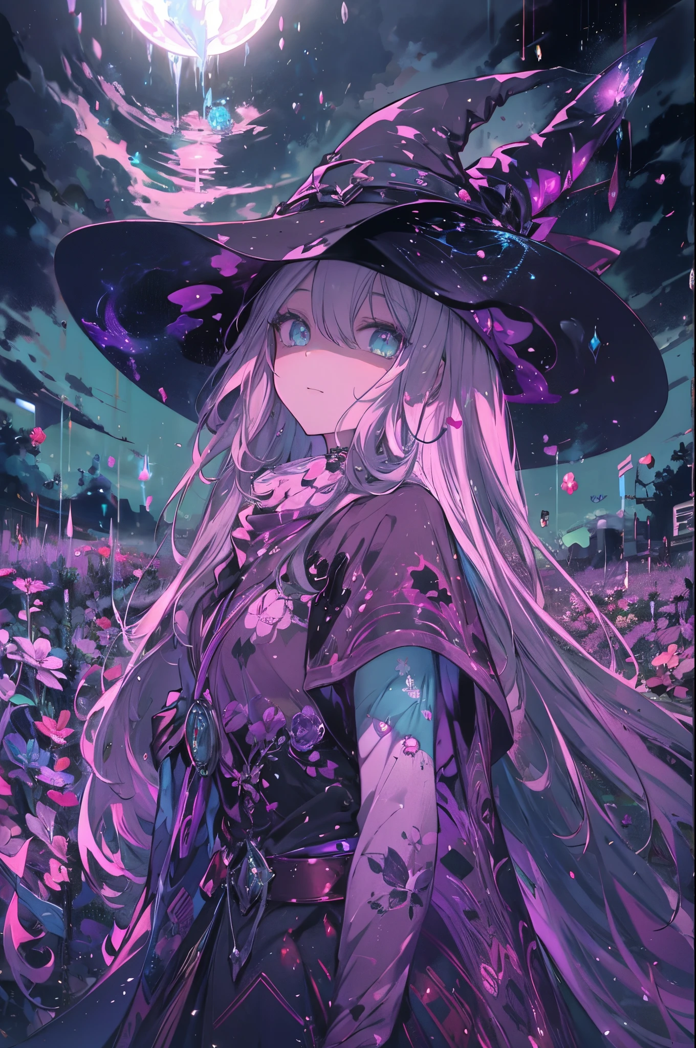 (masterpiece), best quality, expressive eyes,a person standing in a field with a hat on, a silk screen, pixiv contest winner, fantasy art, [ bioluminescent colors ]!!, beautiful witch spooky female, streaming on twitch, colorful aesthetic, hyper light drifter color pallet, benevolent android necromancer, black slime, josan gonzales!!!, beautifully rendered, HD