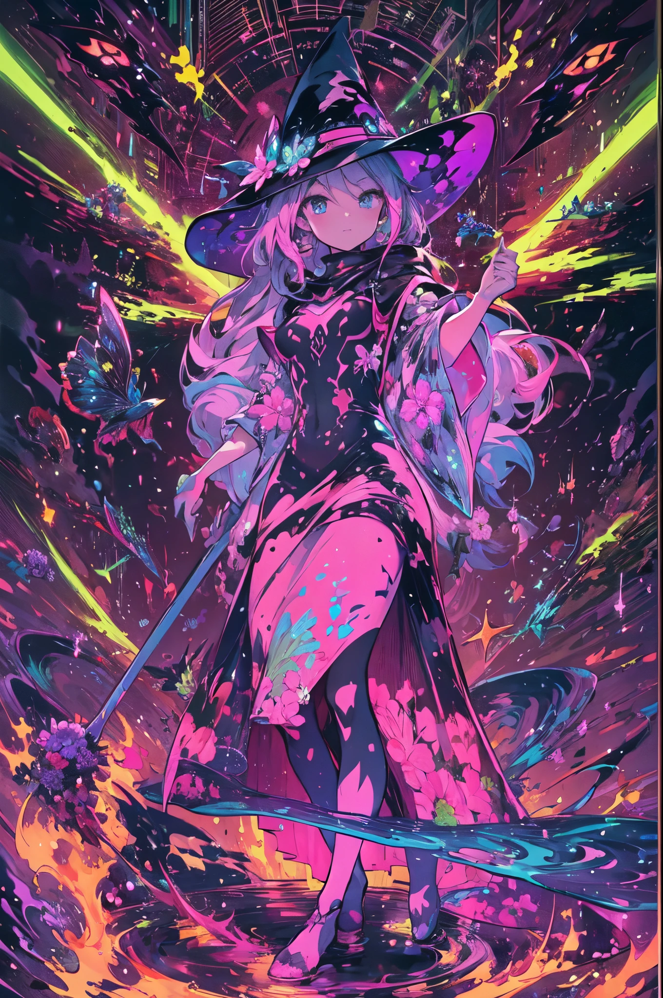(masterpiece), best quality, expressive eyes,a person standing in a field with a hat on, a silk screen, pixiv contest winner, fantasy art, [ bioluminescent colors ]!!, beautiful witch spooky female, streaming on twitch, colorful aesthetic, hyper light drifter color pallet, benevolent android necromancer, black slime, josan gonzales!!!, beautifully rendered, HD