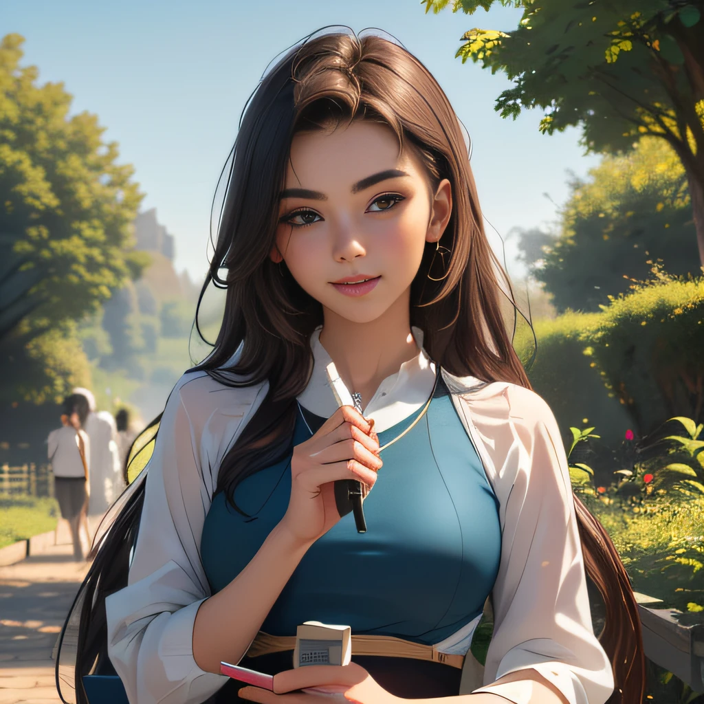(Extremely detailed 8k wallpaper:2), (photo:2), (22 years old soigne Beautiful girl:2), (gives a lecture to friends:2), detailed (Face and eyes), (hyper realistic:1), (highly detailed:1), (epic realistic:1), rim light, (maximum details:1), cozy, (fullbody:1.3), (looking at viewer:2.0), (Woman's Attractive Qualities:2), (Attractive Woman:2), (Attractive:2), Smile, Intelligence, Empathy, Gracefulness, Sense of Style, Fitness, Grooming, Optimism, (Sensitivity:2), Sincerity, Romantic Gestures, Playfulness, Fashion Sense, (Sensuality:2), Charm, Modesty, Thoughtfulness, (Femininity:1), Flirtatiousness, Warmth, (Physical attractiveness:2), A beautiful smile, A love of life, strength and power, vulnerability, curiosity, wonder, love, (nature background:2), kawaii, waifu, Beautiful breasts, (attractive body:2), (Beautiful body:2), Beautiful pose, attractive pose, (Beautiful legs:1.0), (Beautiful clothes:1), (classic clothes:2), (elegant clothes:2), (European clothes:2), detailed clothes, (skirt:1), (blouse:1), (provocative pose)