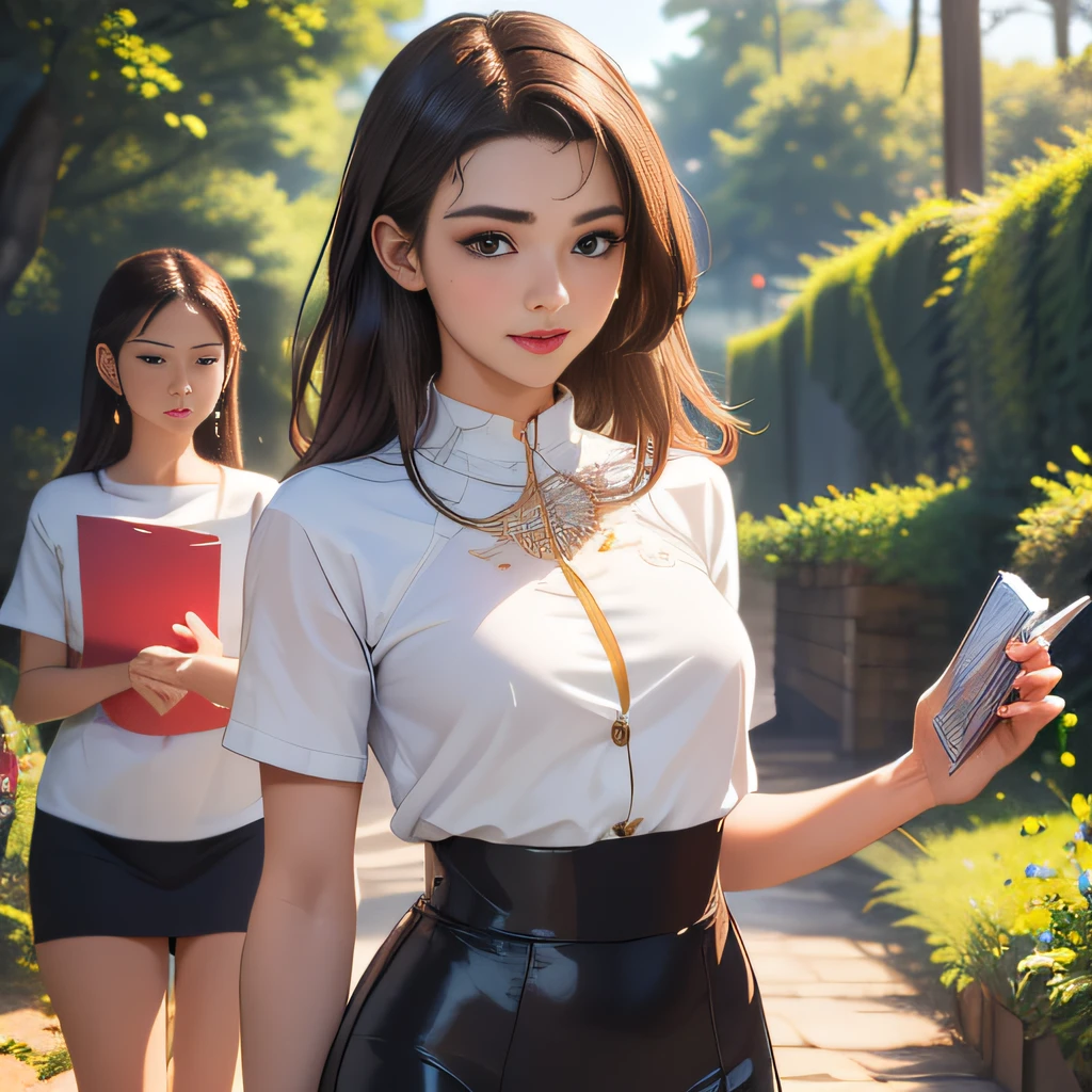 (Extremely detailed 8k wallpaper:2), (photo:2), (22 years old soigne Beautiful girl:2), (gives a lecture to friends:2), detailed (Face and eyes), (hyper realistic:1), (highly detailed:1), (epic realistic:1), rim light, (maximum details:1), cozy, (fullbody:1.3), (looking at viewer:2.0), (Woman's Attractive Qualities:2), (Attractive Woman:2), (Attractive:2), Smile, Intelligence, Empathy, Gracefulness, Sense of Style, Fitness, Grooming, Optimism, (Sensitivity:2), Sincerity, Romantic Gestures, Playfulness, Fashion Sense, (Sensuality:2), Charm, Modesty, Thoughtfulness, (Femininity:1), Flirtatiousness, Warmth, (Physical attractiveness:2), A beautiful smile, A love of life, strength and power, vulnerability, curiosity, wonder, love, (nature background:2), kawaii, waifu, Beautiful breasts, (attractive body:2), (Beautiful body:2), Beautiful pose, attractive pose, (Beautiful legs:1.0), (Beautiful clothes:1), (classic clothes:2), (elegant clothes:2), (European clothes:2), detailed clothes, (skirt:1), (blouse:1), (provocative pose)