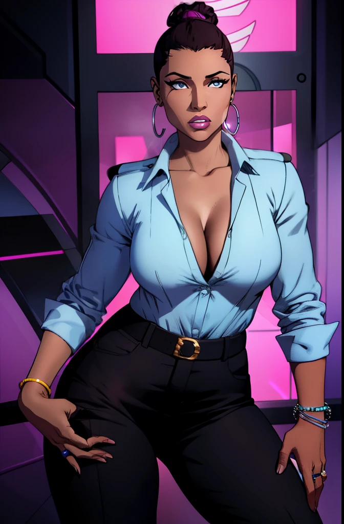 Best quality, solo mature woman, dark brown skin, earrings, bracelets, rings, low bun, lilac eyes, full lips, professional, police uniform, police pants, face like Nicki Minaj
