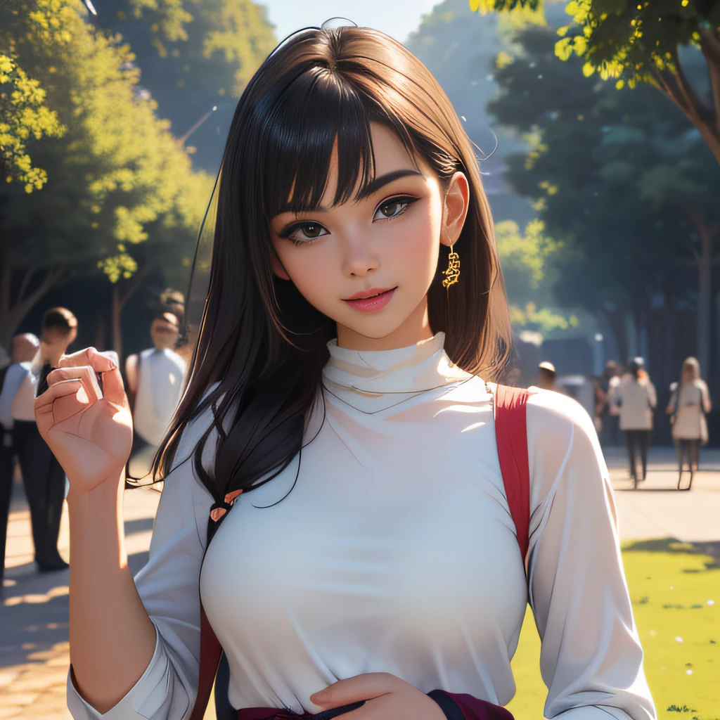 (Extremely detailed 8k wallpaper:2), (photo:2), (22 years old soigne Beautiful girl:2), (gives a lecture to friends:2), detailed (Face and eyes), (hyper realistic:1), (highly detailed:1), (epic realistic:1), rim light, (maximum details:1), cozy, (fullbody:1.3), (looking at viewer:2.0), (Woman's Attractive Qualities:2), (Attractive Woman:2), (Attractive:2), Smile, Intelligence, Empathy, Gracefulness, Sense of Style, Fitness, Grooming, Optimism, (Sensitivity:2), Sincerity, Romantic Gestures, Playfulness, Fashion Sense, (Sensuality:2), Charm, Modesty, Thoughtfulness, (Femininity:1), Flirtatiousness, Warmth, (Physical attractiveness:2), A beautiful smile, A love of life, strength and power, vulnerability, curiosity, wonder, love, (nature background:2), kawaii, waifu, Beautiful breasts, (attractive body:2), (Beautiful body:2), Beautiful pose, attractive pose, (Beautiful legs:1.0), (Beautiful clothes:1), (classic clothes:2), (elegant clothes:2), (European clothes:2), detailed clothes, (skirt:1), (blouse:1), (provocative pose)