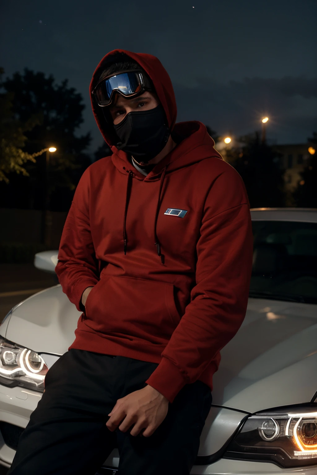 A young man with short hair, wearing a red hoodie, black pants, ski goggles, and a mask, leaning casually on the hood of a BMW in a high-definition night parking setting.