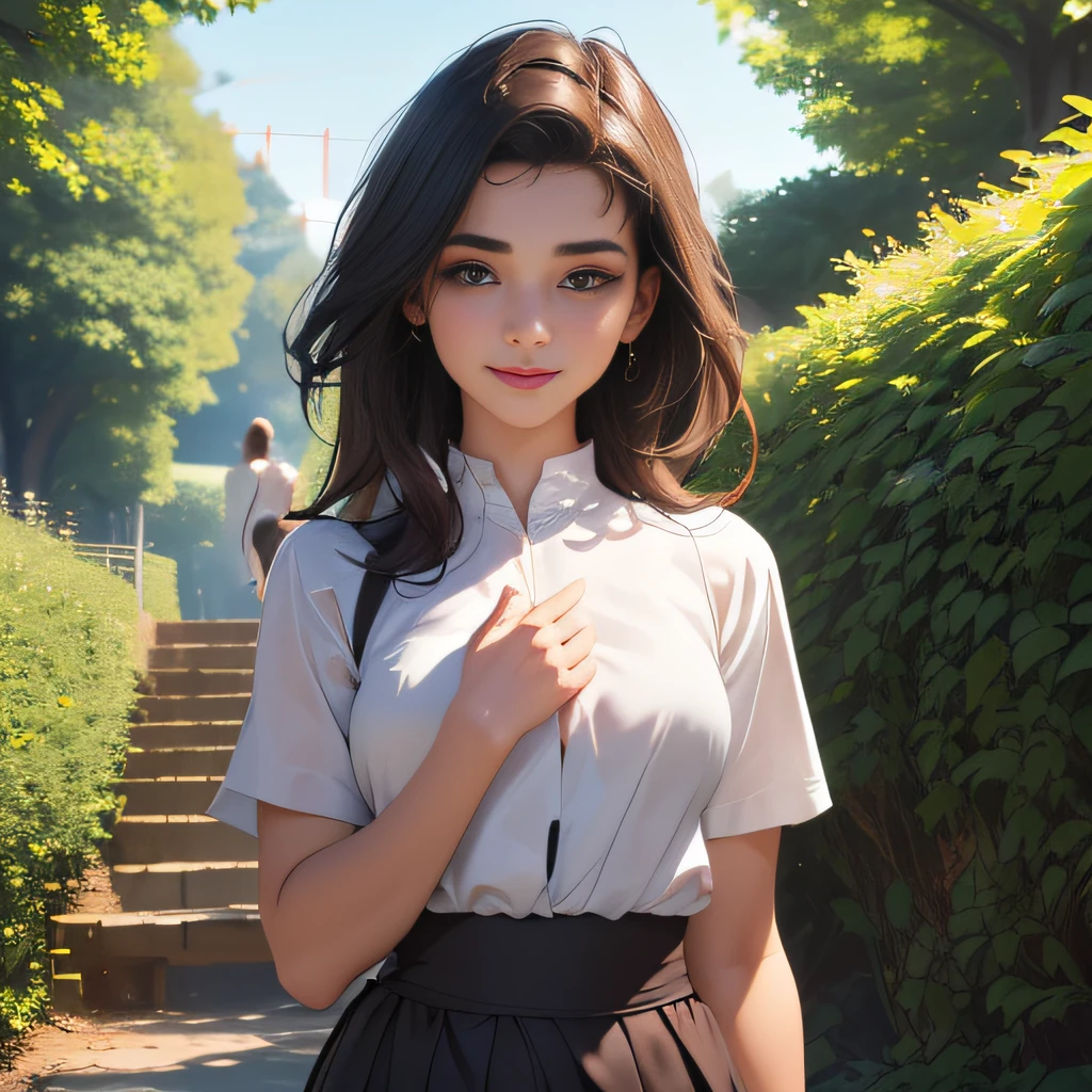 (Extremely detailed 8k wallpaper:2), (photo:2), (22 years old soigne Beautiful girl:2), (gives a lecture to friends:2), detailed (Face and eyes), (hyper realistic:1), (highly detailed:1), (epic realistic:1), rim light, (maximum details:1), cozy, (fullbody:1.3), (looking at viewer:2.0), (Woman's Attractive Qualities:2), (Attractive Woman:2), (Attractive:2), Smile, Intelligence, Empathy, Gracefulness, Sense of Style, Fitness, Grooming, Optimism, (Sensitivity:2), Sincerity, Romantic Gestures, Playfulness, Fashion Sense, (Sensuality:2), Charm, Modesty, Thoughtfulness, (Femininity:1), Flirtatiousness, Warmth, (Physical attractiveness:2), A beautiful smile, A love of life, strength and power, vulnerability, curiosity, wonder, love, (nature background:2), kawaii, waifu, Beautiful breasts, (attractive body:2), (Beautiful body:2), Beautiful pose, attractive pose, (Beautiful legs:1.0), (Beautiful clothes:1), (classic clothes:2), (elegant clothes:2), (European clothes:2), detailed clothes, (skirt:1), (blouse:1), (provocative pose)