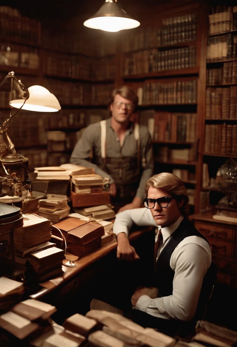 A photo of Jeff sitting at his desk, surrounded by stacks of horror novels and a collection of antique medical instruments.,original,Jeff is tall, broad, muscular, with blonde hair and blue eyes, aviator glasses, 1970s aesthetic. Jeffrey Dahmer