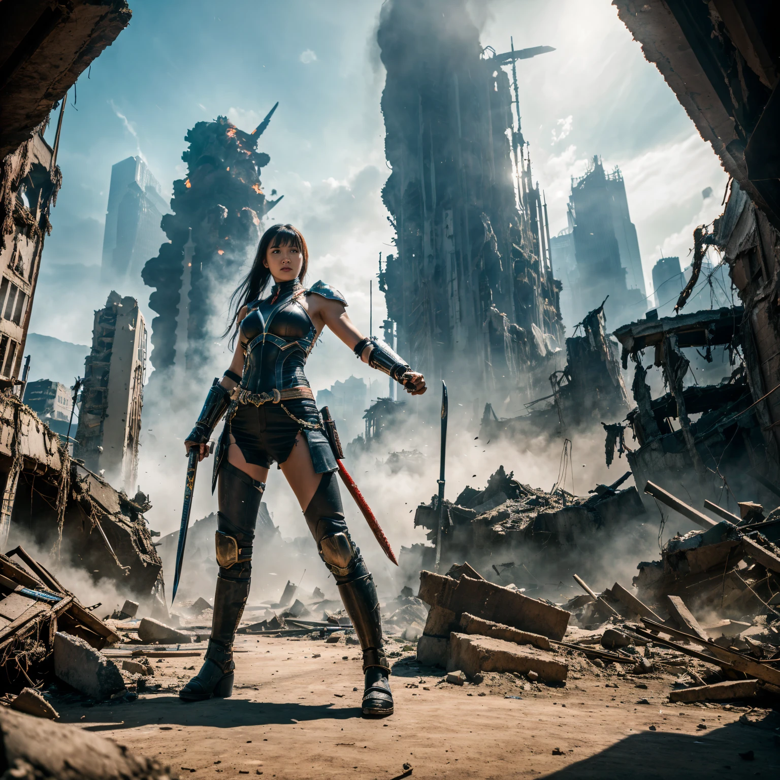 8K, ultra-resolution, professional photo, panoramic shot, female warrior who grows into a giant and fights monsters, in a collapsed city area