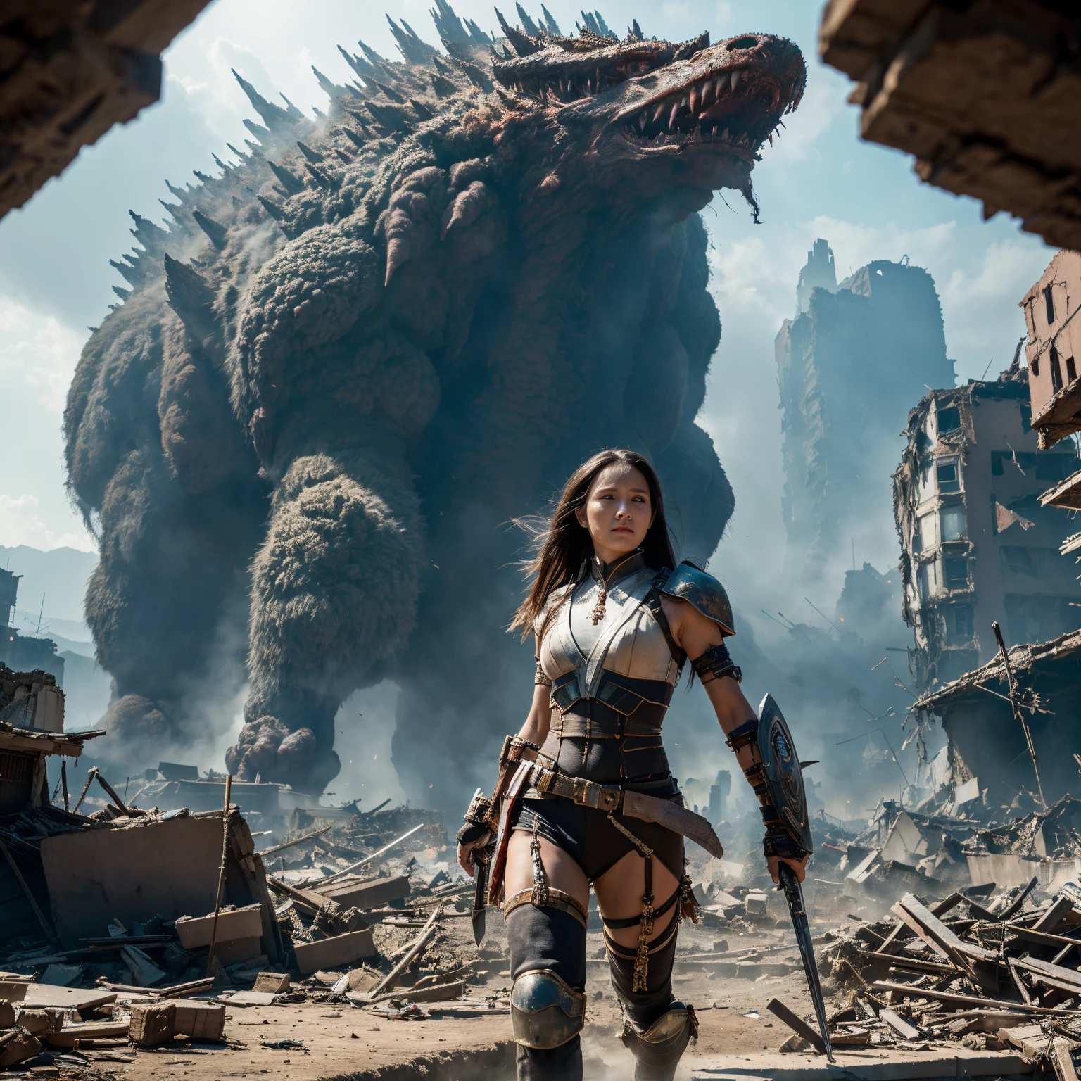 8K, ultra-resolution, professional photo, panoramic shot, female warrior who grows into a giant and fights monsters, in a collapsed city area