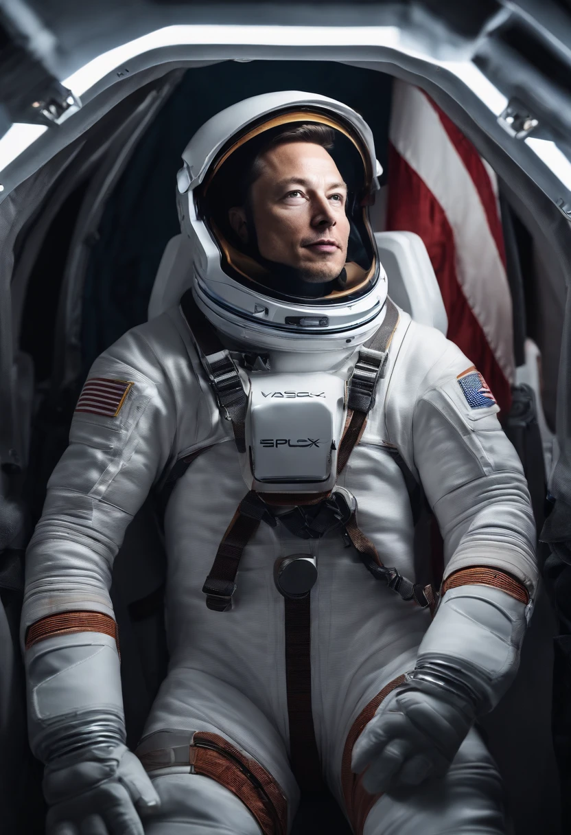 A photo of the character exploring the vastness of space in a SpaceX space suit,original,elon musk
