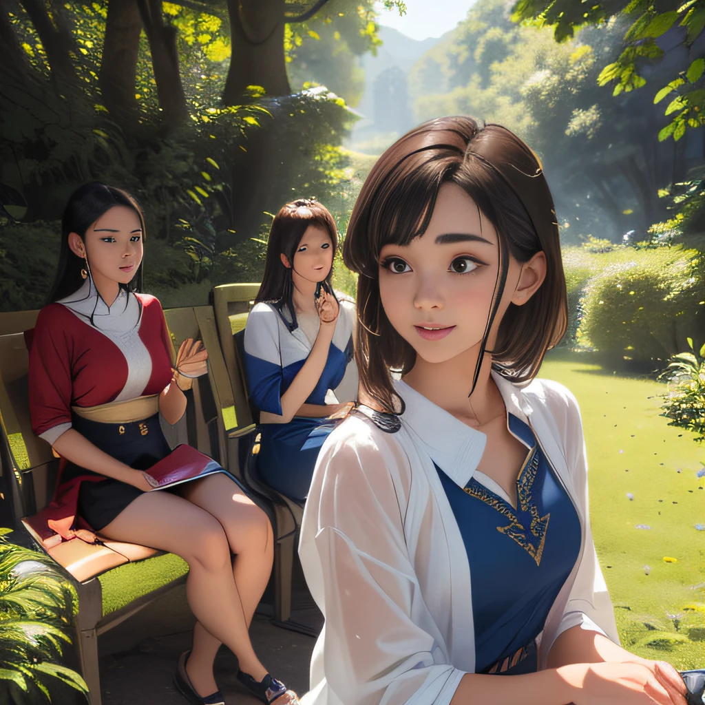 (Extremely detailed 8k wallpaper:2), (photo:2), (22 years old soigne Beautiful girl:2), (gives a lecture to friends:2), detailed (Face and eyes), (hyper realistic:1), (highly detailed:1), (epic realistic:1), rim light, (maximum details:1), cozy, (fullbody:1.3), (looking at viewer:2.0), (Woman's Attractive Qualities:2), (Attractive Woman:2), (Attractive:2), Smile, Intelligence, Empathy, Gracefulness, Sense of Style, Fitness, Grooming, Optimism, (Sensitivity:2), Sincerity, Romantic Gestures, Playfulness, Fashion Sense, (Sensuality:2), Charm, Modesty, Thoughtfulness, (Femininity:1), Flirtatiousness, Warmth, (Physical attractiveness:2), A beautiful smile, A love of life, strength and power, vulnerability, curiosity, wonder, love, (nature background:2), kawaii, waifu, Beautiful breasts, (attractive body:2), (Beautiful body:2), Beautiful pose, attractive pose, (Beautiful legs:1.0), (Beautiful clothes:1), (classic clothes:2), (elegant clothes:2), (European clothes:2), detailed clothes, (skirt:1), (blouse:1), (provocative pose)