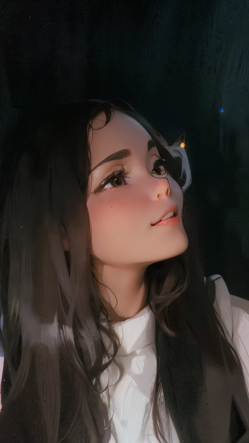 A girl with straight brown hair, la nariz un poco respingada, with brown eyes and a little sparkle, una sonrisa que no muestra los dientes, slightly pronounced jaw, un poco cachetona, mirando hacia el lado derecho, resting his chin lightly on his hand, con una camisa blanca y un blazer rosad, on a black background and with good lighting in disney animation