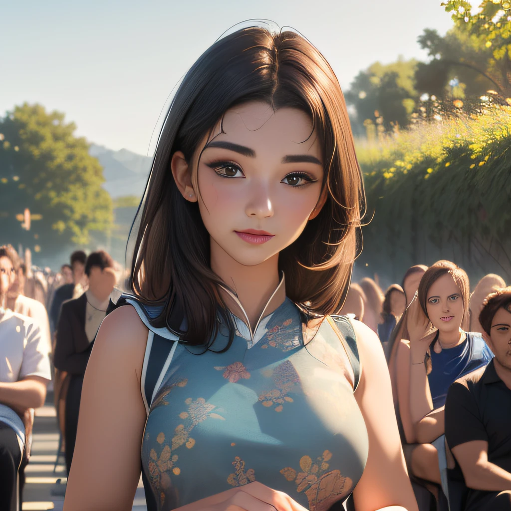 (Extremely detailed 8k wallpaper:2), (photo:2), (22 years old soigne Beautiful girl:2), (gives a lecture to friends:2), detailed (Face and eyes), (hyper realistic:1), (highly detailed:1), (epic realistic:1), rim light, (maximum details:1), cozy, (fullbody:1.3), (looking at viewer:2.0), (Woman's Attractive Qualities:2), (Attractive Woman:2), (Attractive:2), Smile, Intelligence, Empathy, Gracefulness, Sense of Style, Fitness, Grooming, Optimism, (Sensitivity:2), Sincerity, Romantic Gestures, Playfulness, Fashion Sense, (Sensuality:2), Charm, Modesty, Thoughtfulness, (Femininity:1), Flirtatiousness, Warmth, (Physical attractiveness:2), A beautiful smile, A love of life, strength and power, vulnerability, curiosity, wonder, love, (nature background:2), kawaii, waifu, Beautiful breasts, (attractive body:2), (Beautiful body:2), Beautiful pose, attractive pose, (Beautiful legs:1.0), (Beautiful clothes:1), (classic clothes:2), (elegant clothes:2), (European clothes:2), detailed clothes, (skirt:1), (blouse:1), (provocative pose)