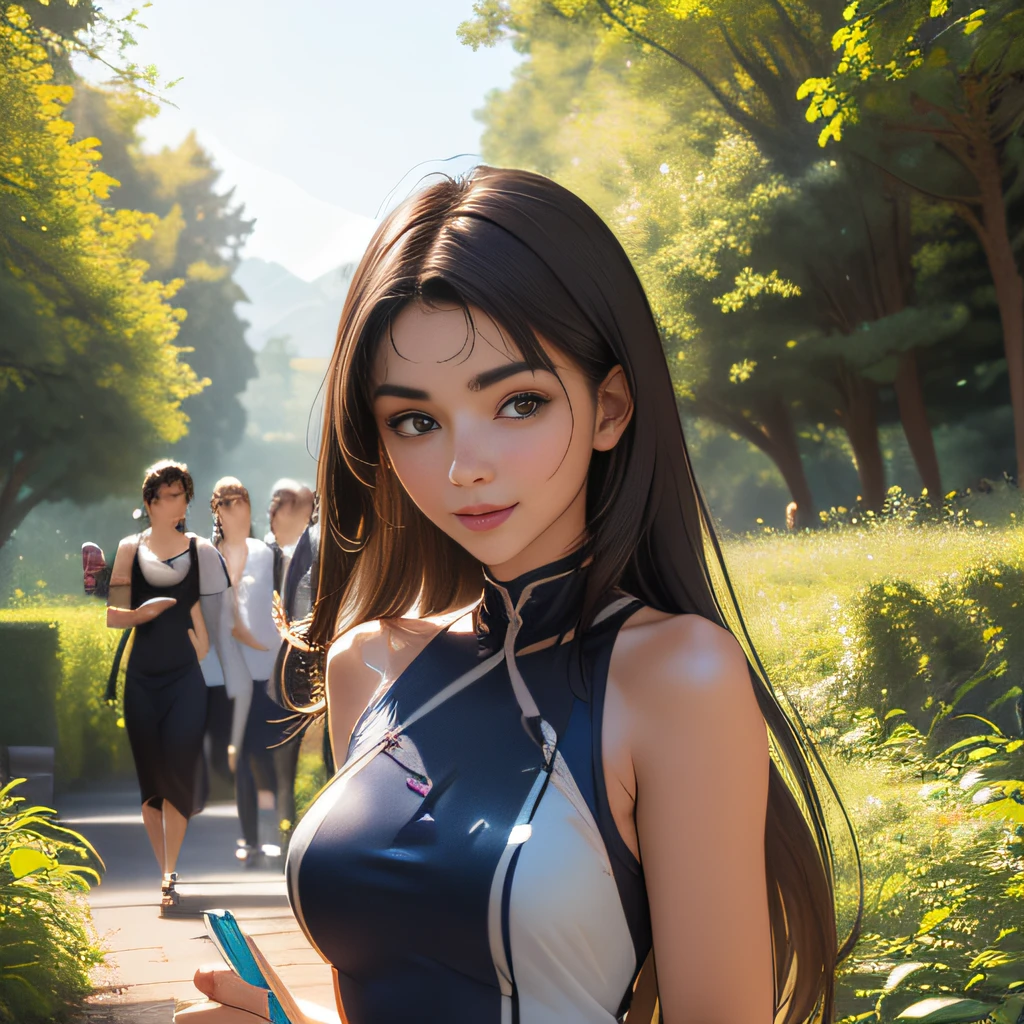 (Extremely detailed 8k wallpaper:2), (photo:2), (22 years old soigne Beautiful girl:2), (gives a lecture to friends:2), detailed (Face and eyes), (hyper realistic:1), (highly detailed:1), (epic realistic:1), rim light, (maximum details:1), cozy, (fullbody:1.3), (looking at viewer:2.0), (Woman's Attractive Qualities:2), (Attractive Woman:2), (Attractive:2), Smile, Intelligence, Empathy, Gracefulness, Sense of Style, Fitness, Grooming, Optimism, (Sensitivity:2), Sincerity, Romantic Gestures, Playfulness, Fashion Sense, (Sensuality:2), Charm, Modesty, Thoughtfulness, (Femininity:1), Flirtatiousness, Warmth, (Physical attractiveness:2), A beautiful smile, A love of life, strength and power, vulnerability, curiosity, wonder, love, (nature background:2), kawaii, waifu, Beautiful breasts, (attractive body:2), (Beautiful body:2), Beautiful pose, attractive pose, (Beautiful legs:1.0), (Beautiful clothes:1), (classic clothes:2), (elegant clothes:2), (European clothes:2), detailed clothes, (skirt:1), (blouse:1), (provocative pose)