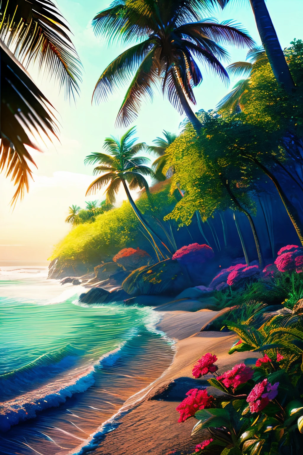 masterpiece, best quality, high quality, extremely detailed 8k wallpaper of CG unit, a charming and dreamy scene of a fantasy beach, with tall imperial palm trees, bright tambourines, creating a sense of mystique and enchantment, artistic station, digital illustration, intricate, trend, pastel colors, oil painting, award-winning photography, Bokeh, depth of field, chromatic aberration,  photorealistic, extremely detailed, trend in artstation, trend in CGsociety, intricate, high detail, dramatic, art in the middle of the journey