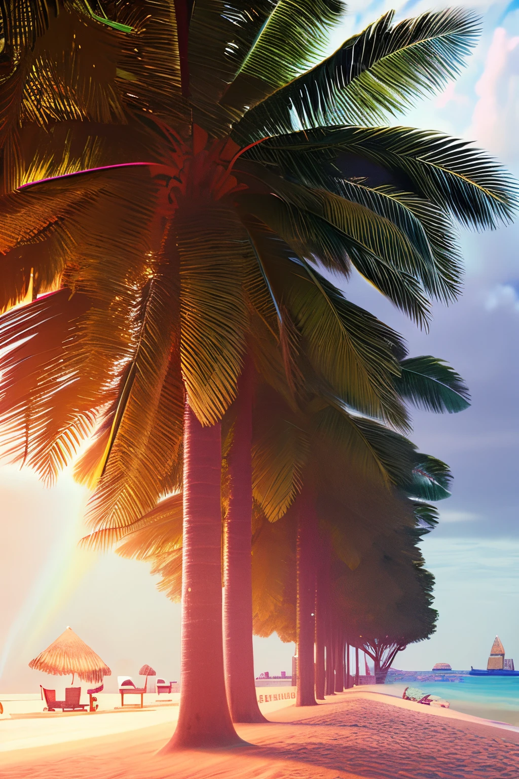 masterpiece, best quality, high quality, extremely detailed 8k wallpaper of CG unit, a charming and dreamy scene of a fantasy beach, with tall imperial palm trees, bright tambourines, creating a sense of mystique and enchantment, artistic station, digital illustration, intricate, trend, pastel colors, oil painting, award-winning photography, Bokeh, depth of field, chromatic aberration,  photorealistic, extremely detailed, trend in artstation, trend in CGsociety, intricate, high detail, dramatic, art in the middle of the journey