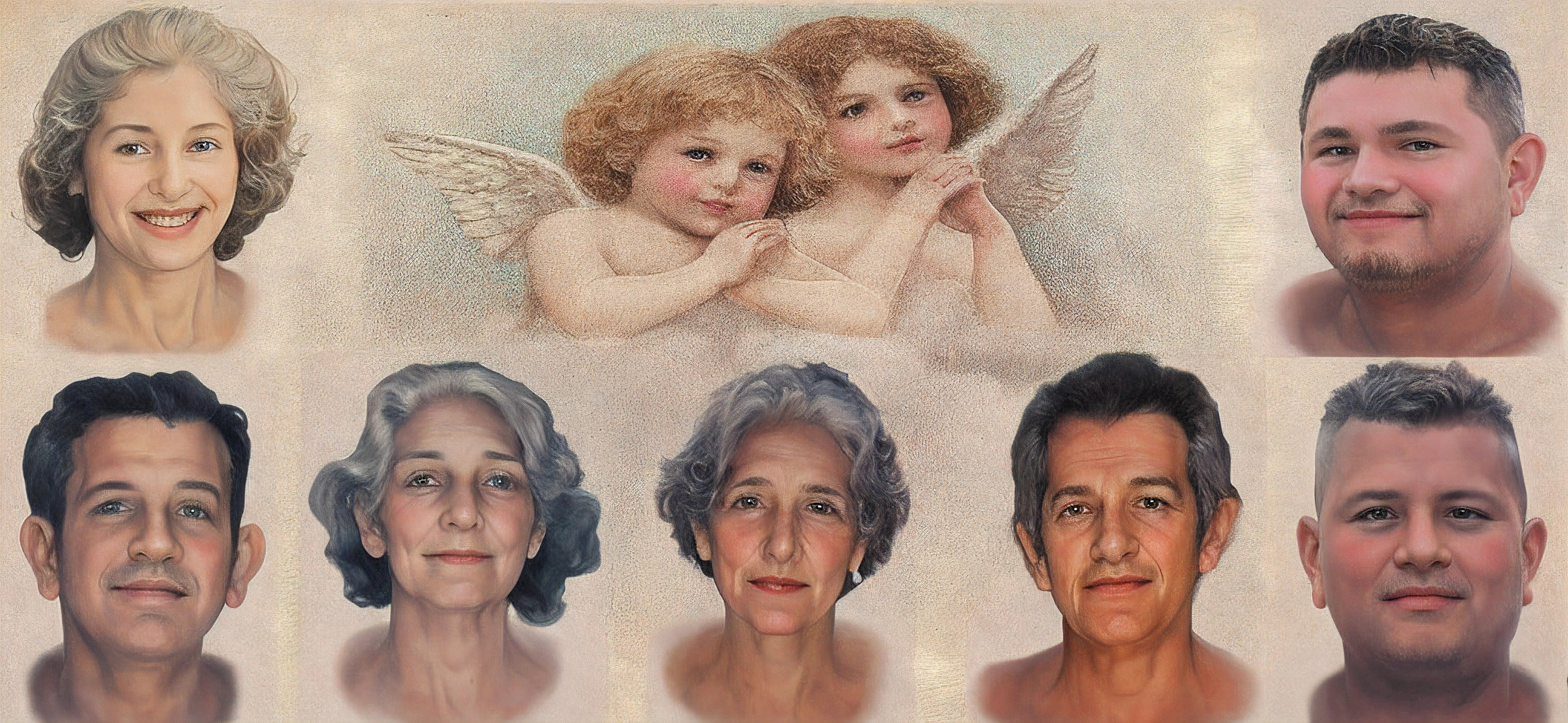 bust of various people, family poster with 2 angels in the background, high quality grainy photography