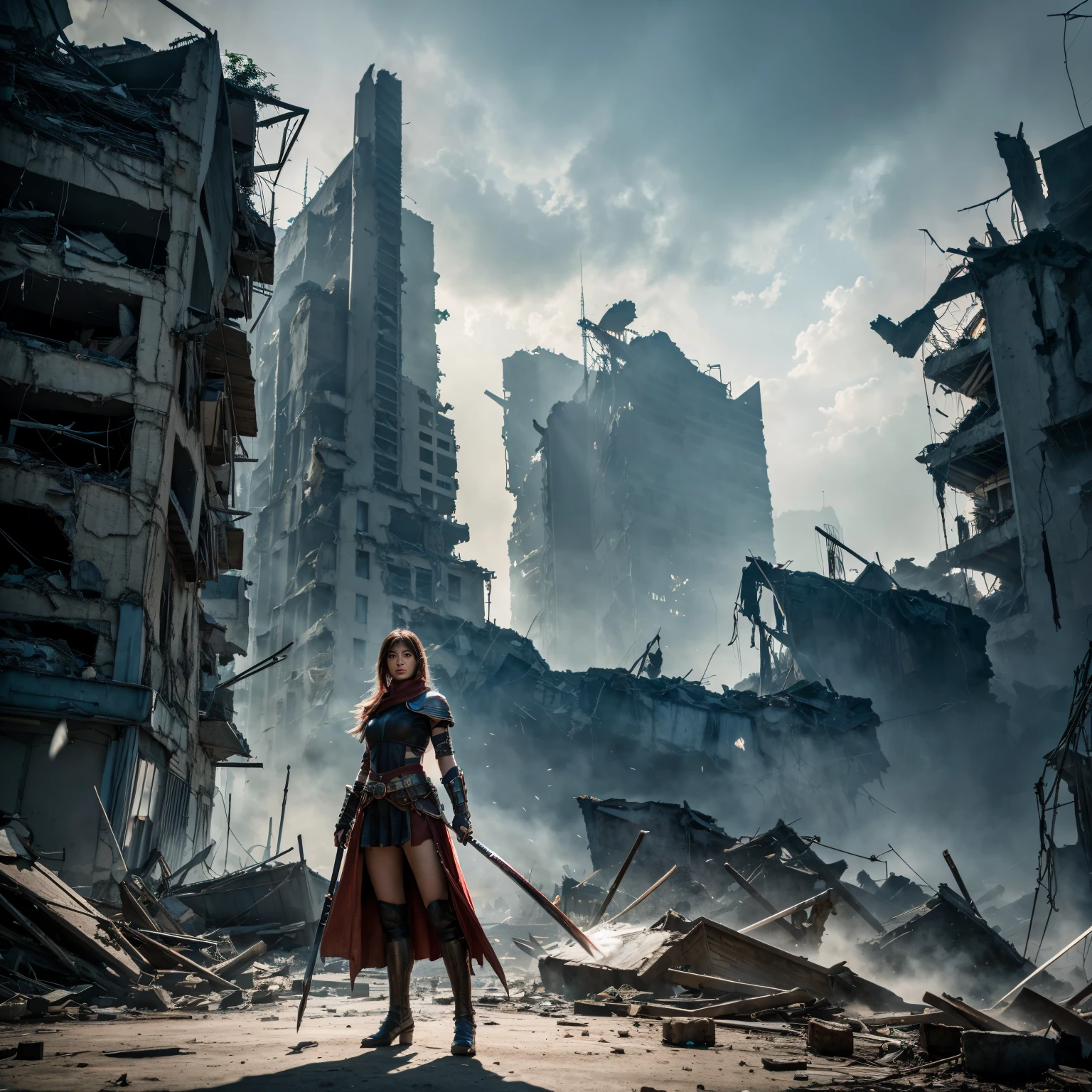8K, ultra-resolution, professional photo, panoramic shot, female warrior who grows into a giant and fights monsters, in a collapsed city area