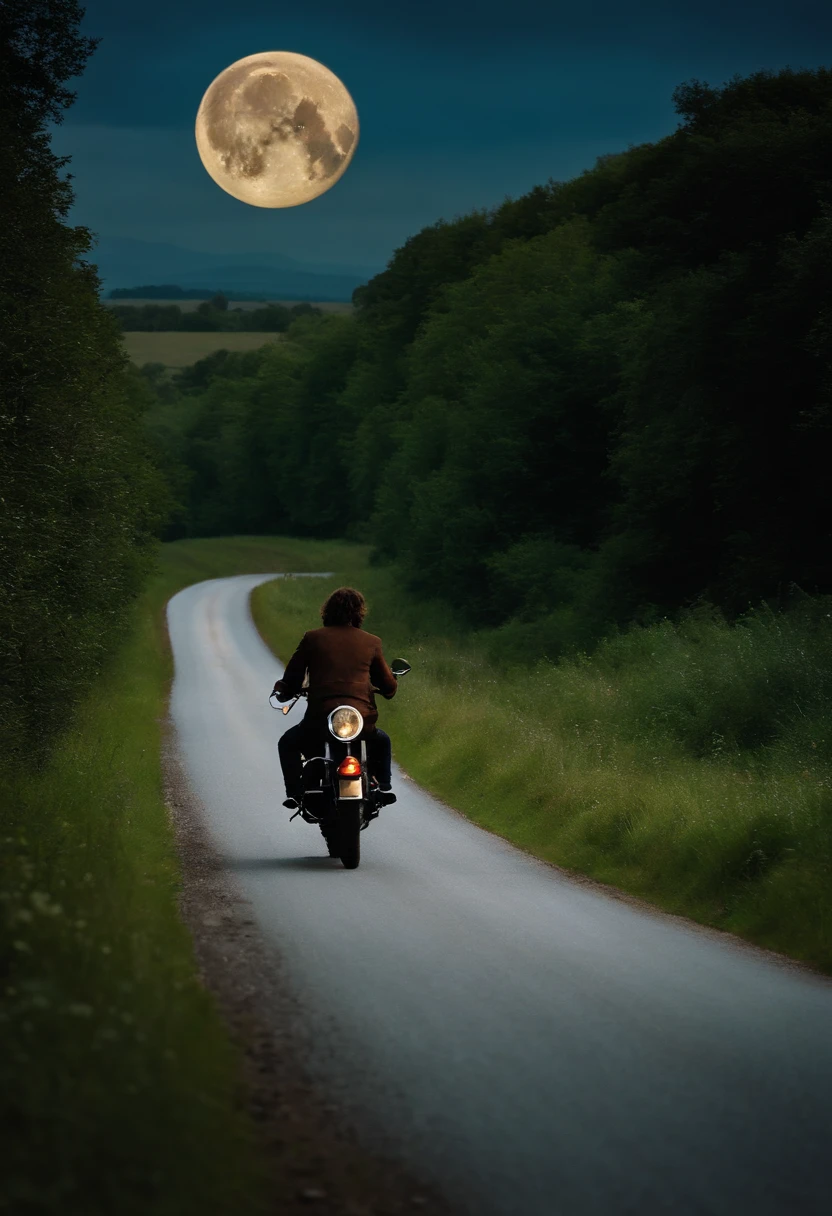 A photo of Sirius riding a motorcycle through an empty winding road in the countryside, with the moon shining brightly in the night sky.,Harry Potter and the Prisoner of Azkaban,Sirius is tall with shaggy curly brown hair, with brown eyes and a goatee. Famously portrayed by Gary Oldman