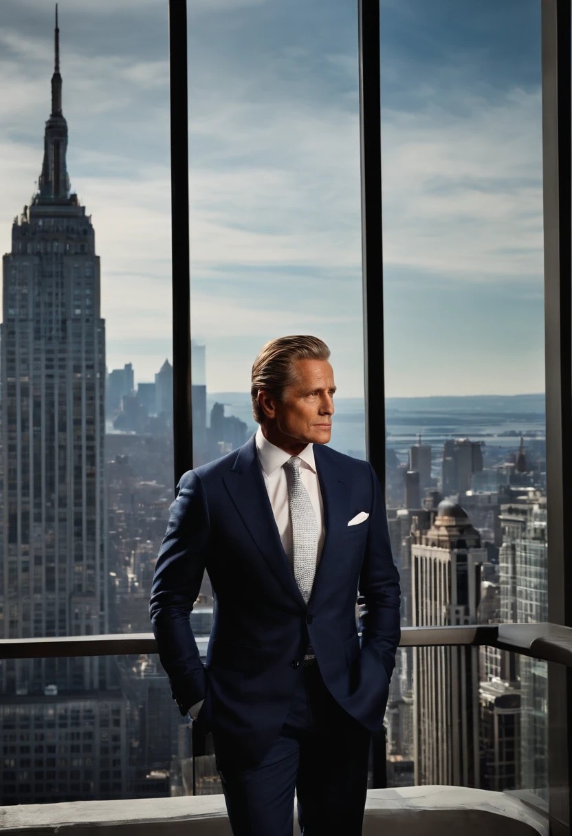 A photo of Gekko hosting an exclusive networking event at a lavish rooftop penthouse, overlooking the city skyline.,Wall Street,Gordon Gekko, the iconic character from the film “Wall Street,” is the epitome of 1980s corporate greed and style, often seen in tailored, expensive suits that signify his success and power in the financial world. He is distinguished by his slicked-back hair and a confident, almost predatory gaze, enhancing his image as a ruthless and savvy Wall Street tycoon.