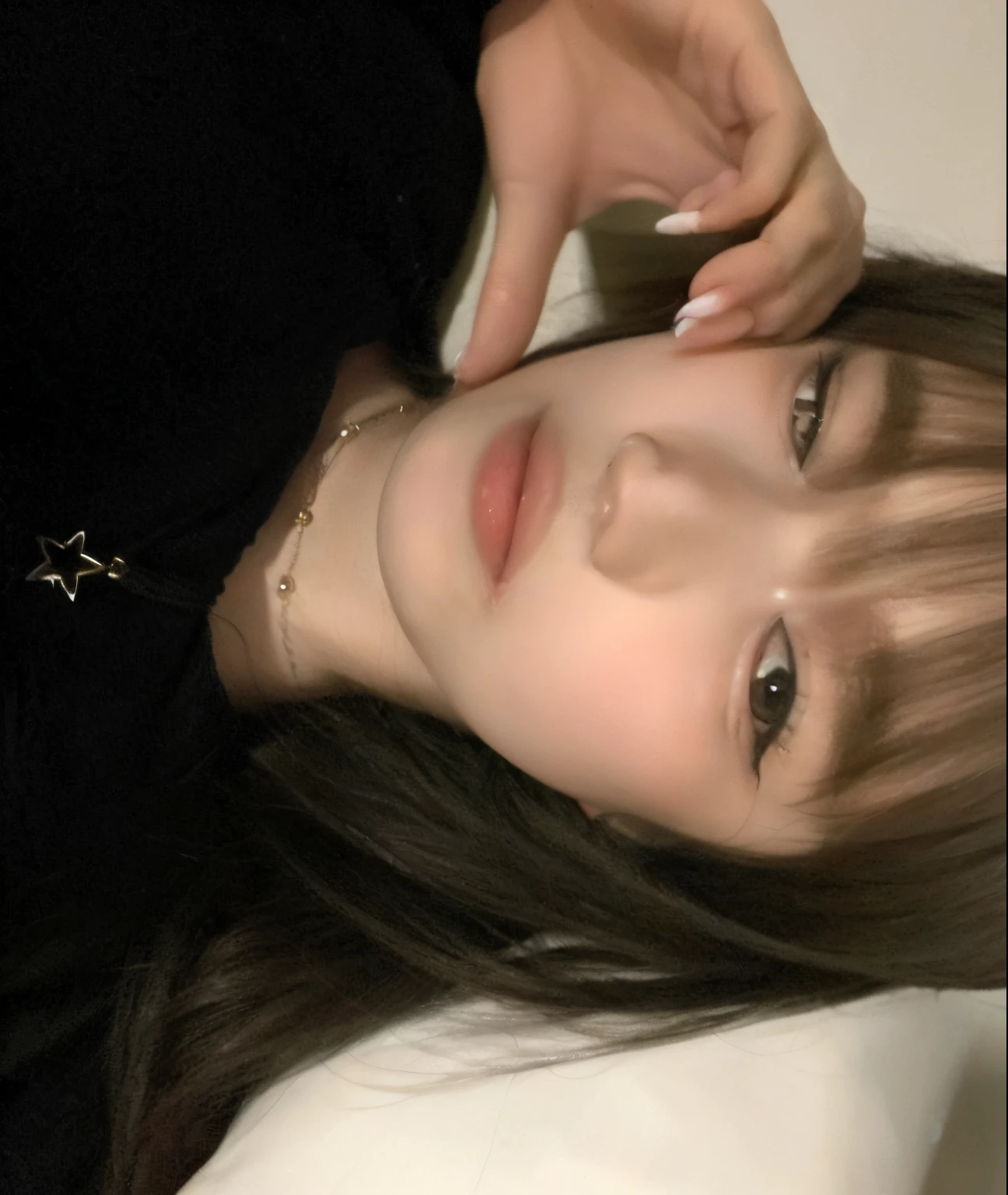 there is a woman with long hair and a black shirt, Ulzzang, Chiho, 🤤 retrato da menina, rosto bonito claro, Sakimichan, menina bonito-fino-cara, a partir de 8 k matte, Shikami, Jinyoung Canela, anime vibes, menina coreana, small heart - shaped face, clear lips and high quality